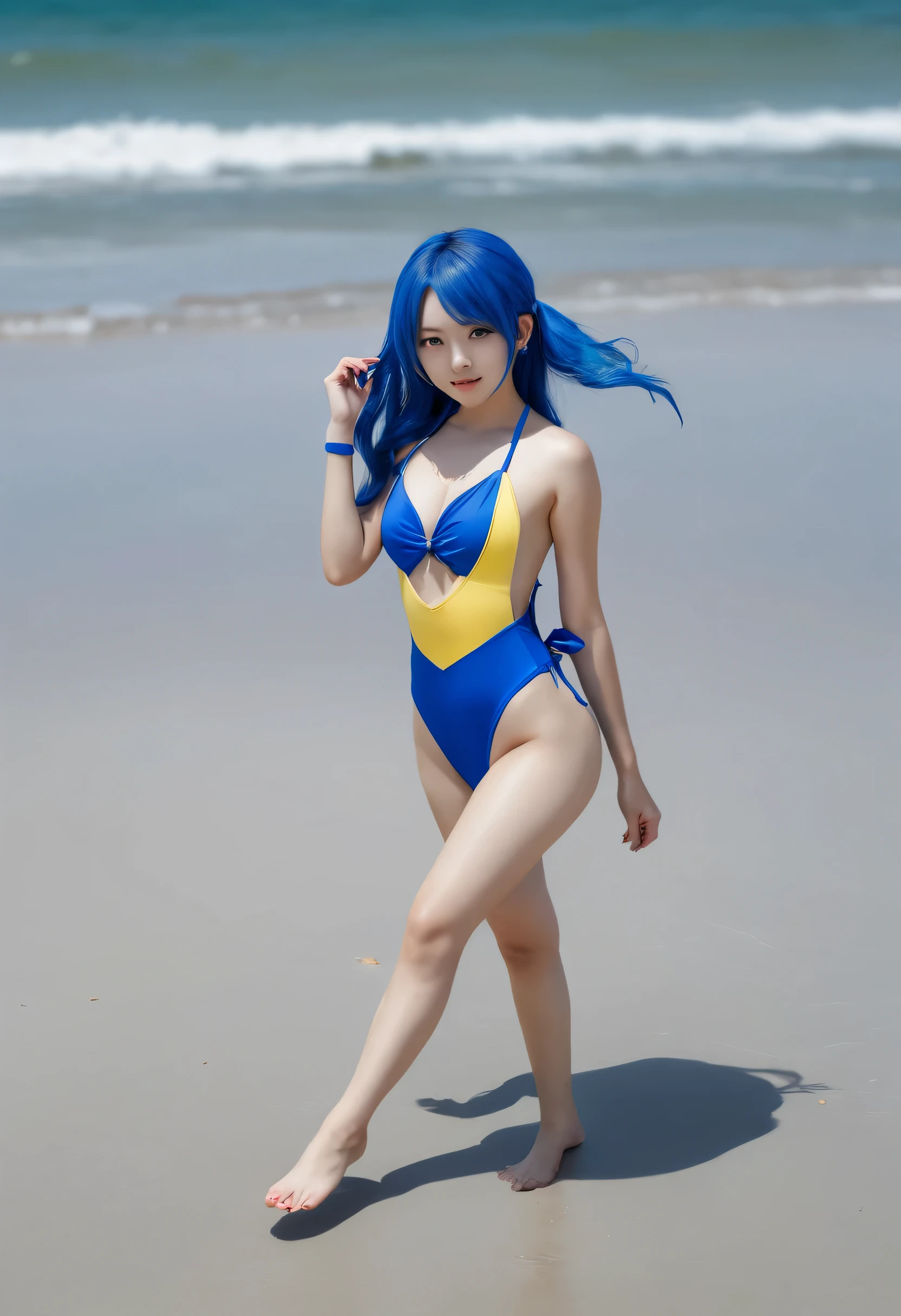 instagram star Xiaorou SeeU, dressed in  swimsuit cosplay, is strolling and acting adorable by the beach, no nudity, safe for work, show all of her, full body shot, head to toe, highest detail, masterpiece, extreme quality