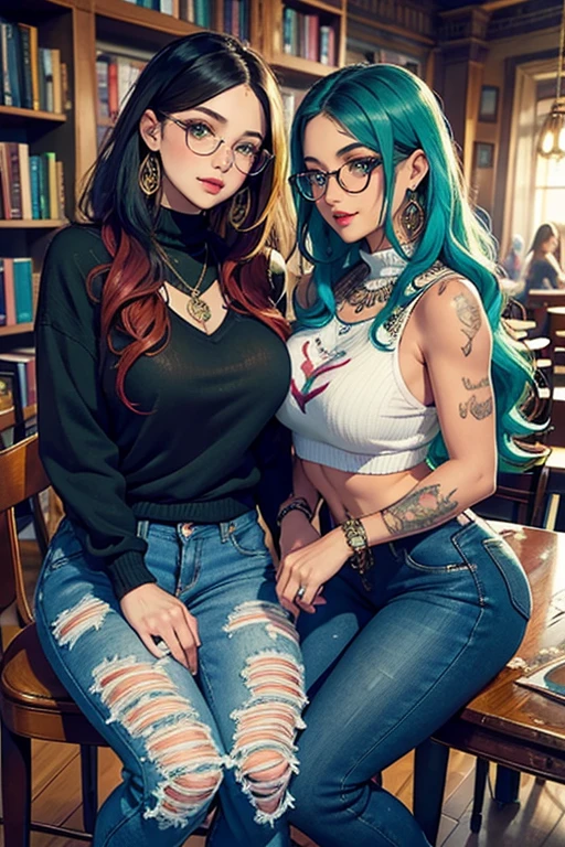 Two Gorgeous artsy women, long flowing thick natural hair, dressed in knit sweaters and ripped jeans pants, jewelry, tattoos, indie punk aesthetic, beautiful athletic body, lovely lively expressive eyes, painting in a library in autumn, lovely colorful lighting, Cheery atmosphere, flirty, freckles, gorgeous face, very tan skin, incredible detail to texture, in love, green eyes, lots of color, photorealistic, masterpiece, absolute babe,
Colorful outfit, patterns, glasses, sitting down in chairs behind a table reading in a cafe