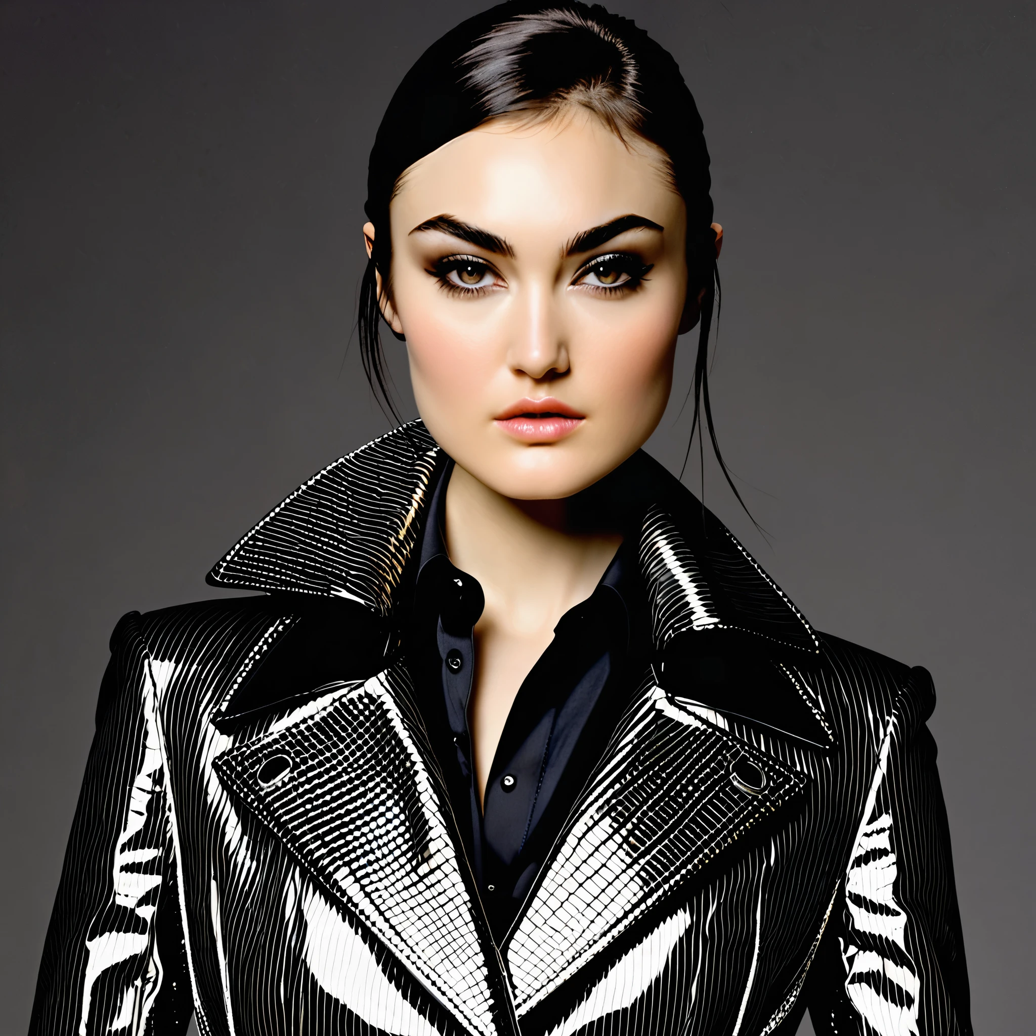 sasha grey as classy top model wearing Balenciaga, magical, crisp, smooth, attractive look; design centered around the model's eyes, classy and elegant, fashion background