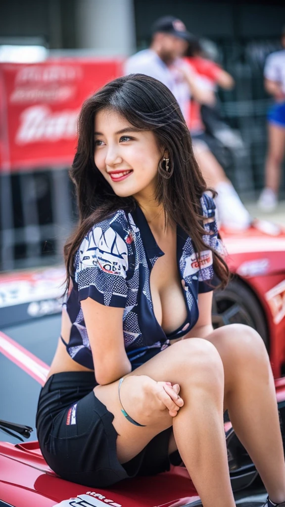 Highly detailed CG Unity 8K wallpaper, highest quality, Super detailed, masterpiece, realistic, photo realistic, Highly detailed cute girl, 25 years old, (whole bodyからつま先まで:1.4)、(whole body)、(whole body to toes)、(shot from the side)、(sitting on the hood of a car)、(lace queen)、(sexy pose),
(Sponsored and wearing grid girl costume'logo is printed.:1.3), (shorts) , (sitting in a motorsport race), (cleavage), smile ,whole bodyショット ,(Side view)、(side shot)、(smile at the camera)、