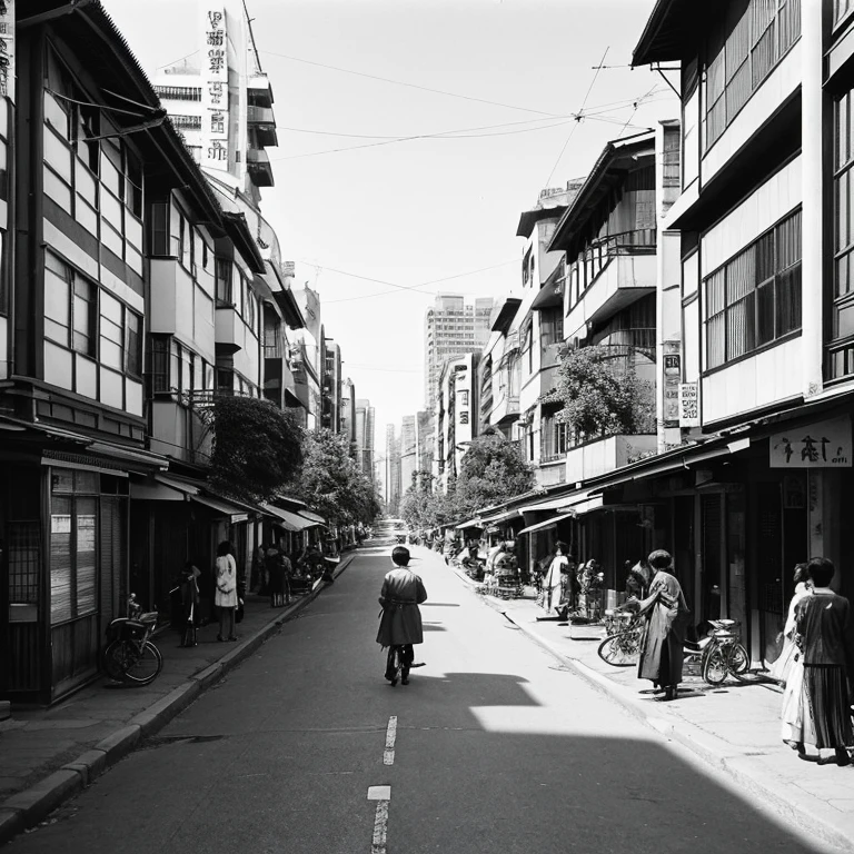 People&#39;s Republic of Japan　capital Tokyo　Rows of low Japanese-style buildings　　finely　wide boulevard　In 1960 　black and white image　People wear Japanese clothes