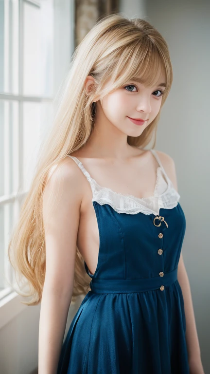 Live shooting、(((Portrait of extreme beauty)))、((shining white skin))、1 girl、15 years old cute beautiful girl、((Shiny light natural blonde hair))、[Very beautiful bright light blue big eyes]、very big eyes、silky thin hair、Straight Super Long Hair、eyeliner、bangs、hair between eyes、dancing hair、A sloppy smile、((masterpiece、最high quality、Super detailed、film light、High resolution、very detailed))、detailed background、8K UHD、digital single lens reflex、soft light、high quality、depth of field is shallow、Natural light、（perfect hands）、perfect beautiful beautiful face、Maid clothes、small face beautiful girl