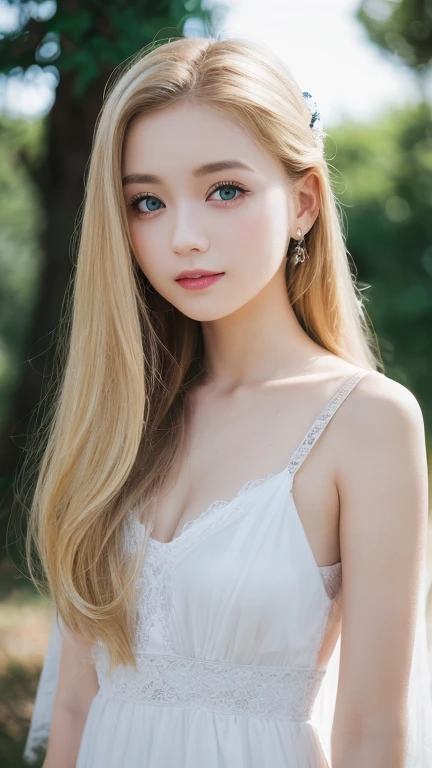 Live shooting、(((Portrait of extreme beauty)))、((shining white skin))、1 girl、15 years old cute beautiful girl、((Shiny light natural blonde hair))、[Very beautiful bright light blue big eyes]、very big eyes、silky thin hair、Straight Super Long Hair、eyeliner、bangs、hair between eyes、dancing hair、A sloppy smile、((masterpiece、最high quality、Super detailed、film light、High resolution、very detailed))、detailed background、8K UHD、digital single lens reflex、soft light、high quality、depth of field is shallow、Natural light、（perfect hands）、perfect beautiful beautiful face、Maid clothes、small face beautiful girl