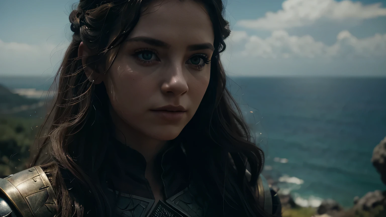 Elara looking toward the horizon with a sense of adventure, fantasy style, cinematic, detailed, 8k, sharp focus, dark fantasy style, beautiful and aesthetic, photography, cinematic, 8k, high detailed, detailed faces, perfect face, detail face