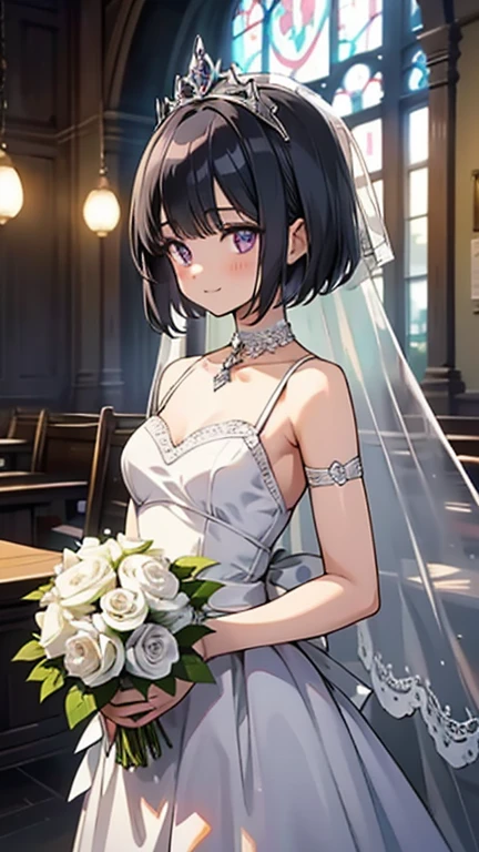 （masterpiece），（highest quality），（very detailed），（enlightenment），（ultra high resolution）, black hair, Anime adult woman wearing a wedding dress, anime style, 2D rendering of an anime adult woman, realistic young anime adult woman, Smooth anime CG art, tiara, smile, purple eyes, small breasts, tall, Straight hair, short bob cut, slanted eyes, background is church, wedding veil, bouquet