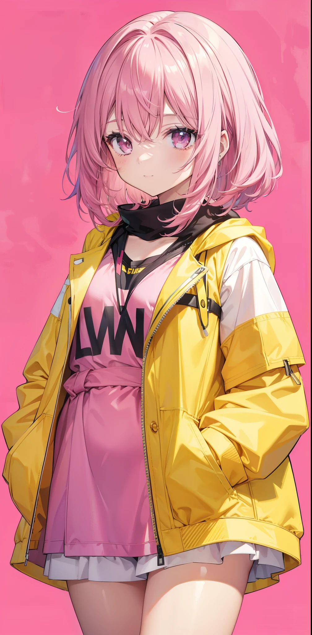 1 girl, solo, pink hair, Yellow clothes, simple background