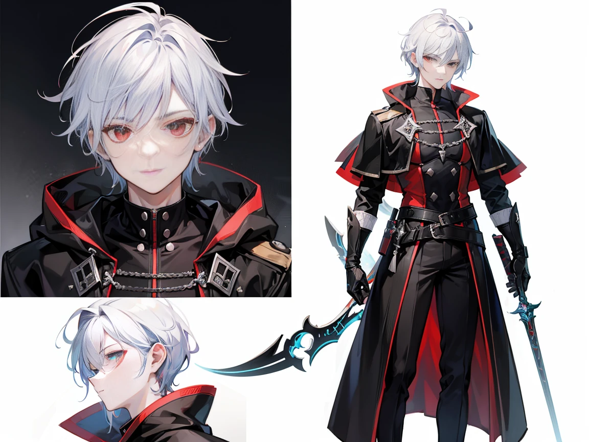 ((Masterpiece, Highest quality)), Male, boy, Detailed face, character design sheet， full bodyesbian, Full of details, frontal body view, back body view, Highly detailed, Depth, Many parts, Muscle boy with white hair, red eye, handsome man, assassin outfit black cloak covering hair, holding two small black dagger, dual-dagger, dark background,  anime style, man tall