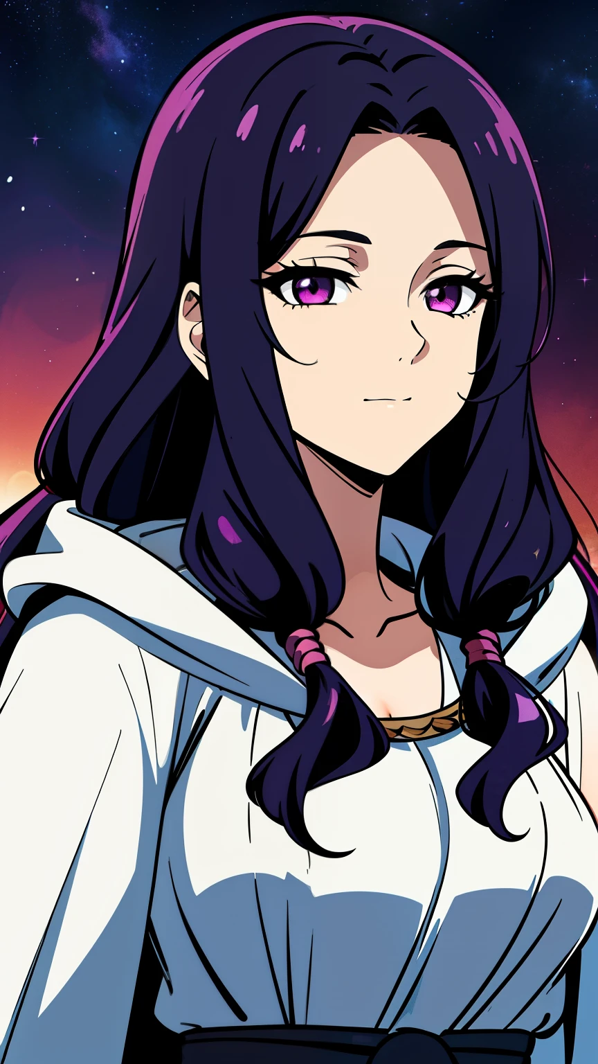 (high-quality, breathtaking),(expressive eyes, perfect face) 1female, female, solo, adult, long length hair, black hair color, multicolored hair, purple hair streaks, glowing hair, white strands in hair, unkept hair, pinky red eyes, positive expression, soft smile, cloak, shirt, fantasy mage clothing, adventurers attire, Aphrodite, space background, portrait, upper body, magic, elegant, stylized hairstyle, gorgeous flowy curly hair, mum vibe, age 50's, Greek Clothing