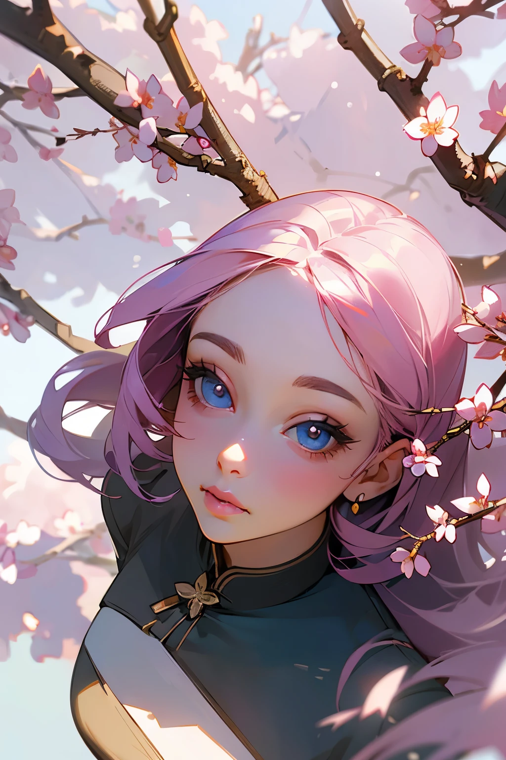 masterpiece, highest quality, ultra detailed, high resolution, (realistic, photo-realistic:1.37), good anatomy, 1 beautiful woman, beautiful bright blue pupils, delicate face and eyes, long eyelashes, hair is delicate and soft, pink lips, pure, cute face, sweet girl, artistic sense, casual wear, ((branch of plum blossoms in half bloom)), long hair, hair blowing in the wind, (woman looking up at the plum blossoms), (((perspective from above))), best light, best shadow, mysterious, perfect face, highly detailed,