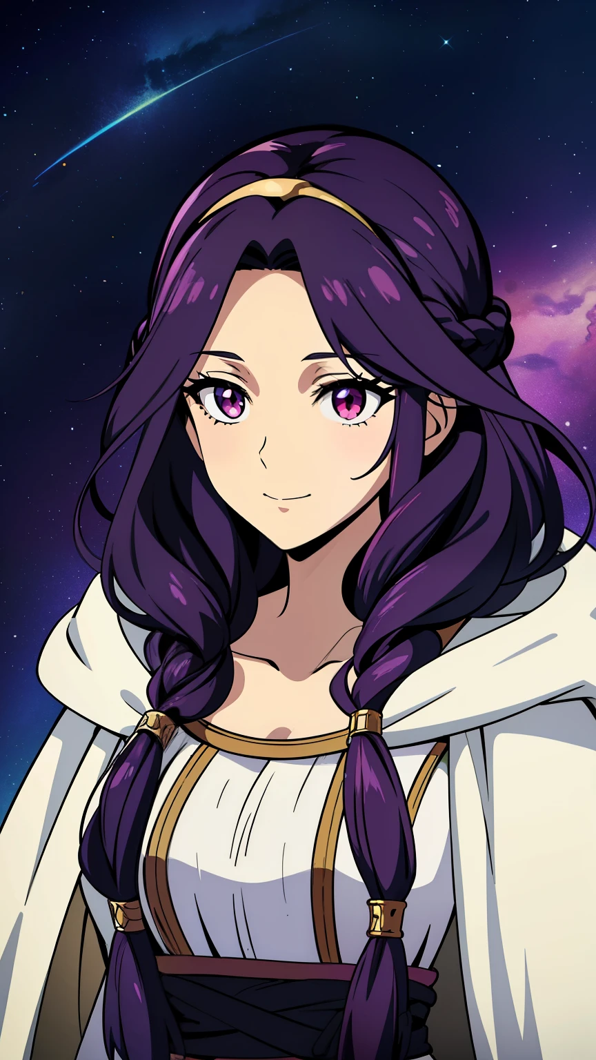 (high-quality, breathtaking),(expressive eyes, perfect face) 1female, female, solo, adult, long length hair, black hair color, multicolored hair, purple hair streaks, glowing hair, white strands in hair, unkept hair, pinky red eyes, positive expression, soft smile, cloak, shirt, fantasy mage clothing, adventurers attire, Aphrodite, space background, portrait, upper body, magic, elegant, stylized hairstyle, gorgeous flowy curly hair, mum vibe, age 50's, Greek Clothing
