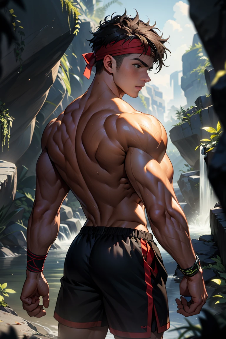 (Masterpiece, Best quality, 18 year old boy, 8k, ultra-detailed), (from behind, looking away, upper body, monolid eyes, thin lips), 1 boy, solo, Young, (teenager), (Dark Short straight hair, under cut), black eyes, full bodyesbian, (Shirtless), topless, (Green headband), sandals, (Black shorts with loincloth), (Depth of field:1.2), (Abs), (chest), (upper arms), black wristband, (topless male), man with martial arts stance, athretic body, inside dark caves, (foggy, night), arms forward