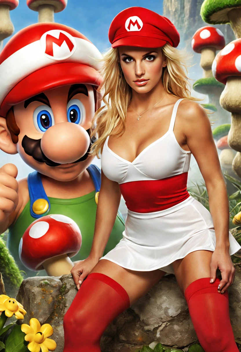 young (Britney Spears:0.6) ((ohwx woman)) as (super Mario), (red hat), ((red-white tight cropped top) and (tight microskirt):1.1), (black pantyhose:1.2), fantasy, highly detailed, digital painting, artstation, concept art, sharp focus, illustration, art by Tony Sart and artgerm and randy vargas, mushrooms in background. Extremely high-resolution details, photographic, realism pushed to extreme, fine texture, incredibly lifelike