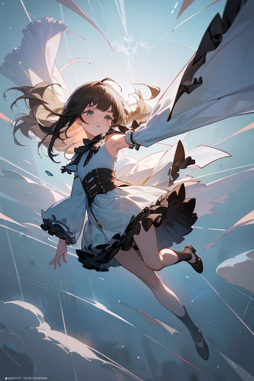 (tmasterpiece), beste-Qualit (wallpapers), higly detailed, (1 girl), 独奏, black  hair, hairlong, white eyes, A detailed eye, Black Dress, dynamic side view, Cowboy shot, dynamic foreshortening, (Ether: 1,5), (scenery:1.2), (dissolution:1.2), (attenuation: 1,35), (Decay:1,5), (Transparent, grey sky, [wings: Dimensional) Space) :0.35], (Broken glass:1.2), author of my name, fine