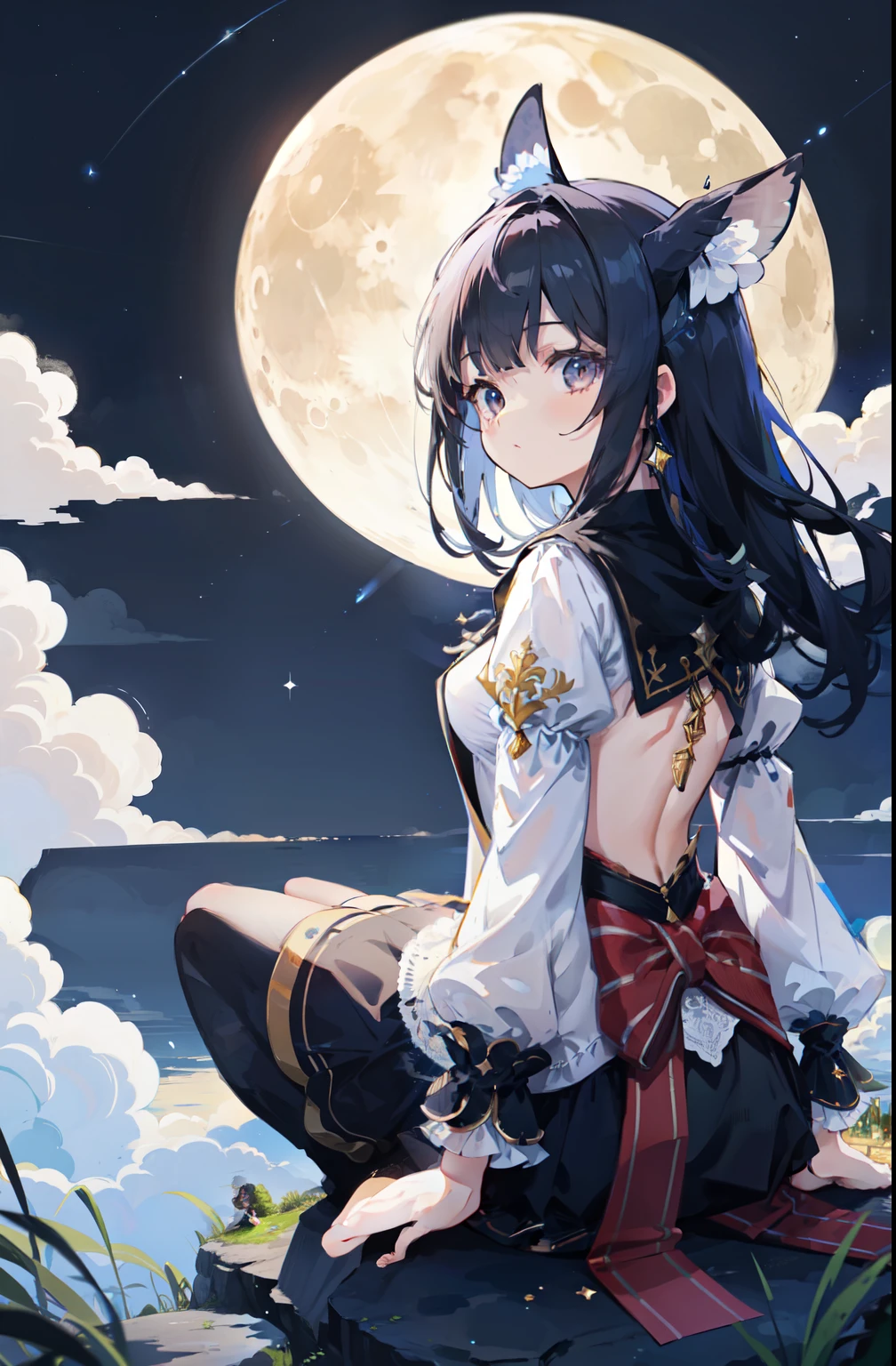 A beautiful moonlit night. girl sitting on the edge of a cliff、clouds at my feet、back view、Star-studded night sky. meteor、彼女は美しい顔とbright colorsの輝く目をしています. She wears a costume with an intricate and beautiful design. Detail view. bright colors. High resolution. fantasy、fantasy、wizard、witch's house、look up at the moon