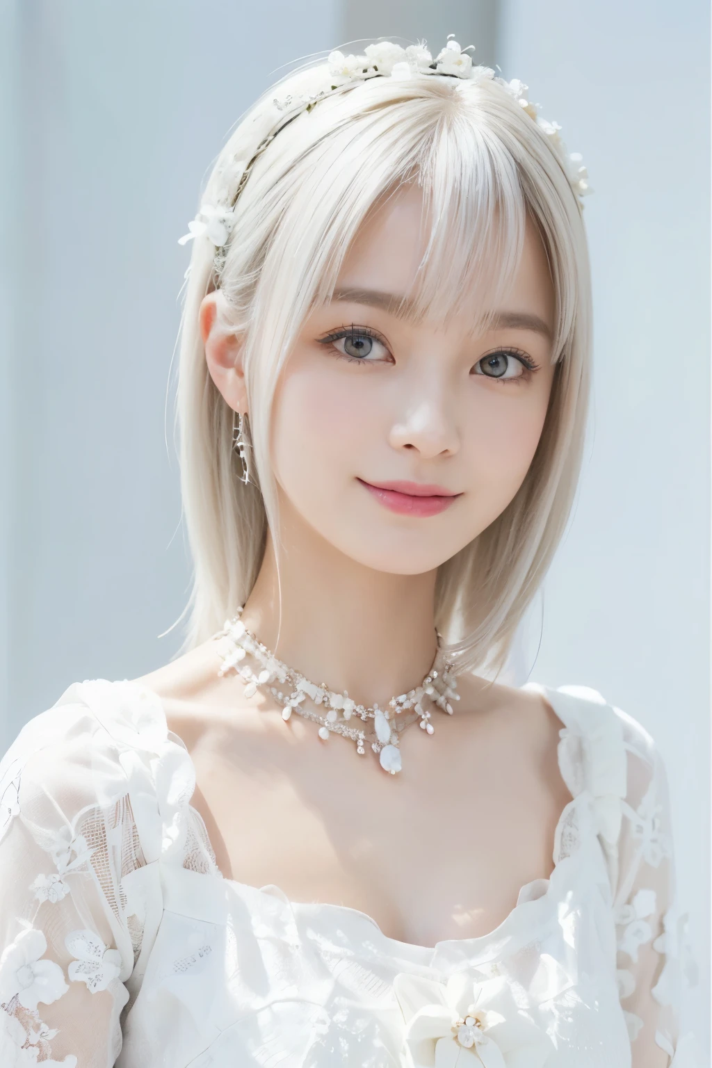 ((top-quality:1.3、8K、masterpiece))、1girl in、Detailed Face 1:2、kawaii faces、A detailed eye、a smile、Pretty Woman、full bodyesbian、angelicales、angel、white skirt、White tops、pluma、Gentle light、Bright background、amazing background、White gold hair、is standing