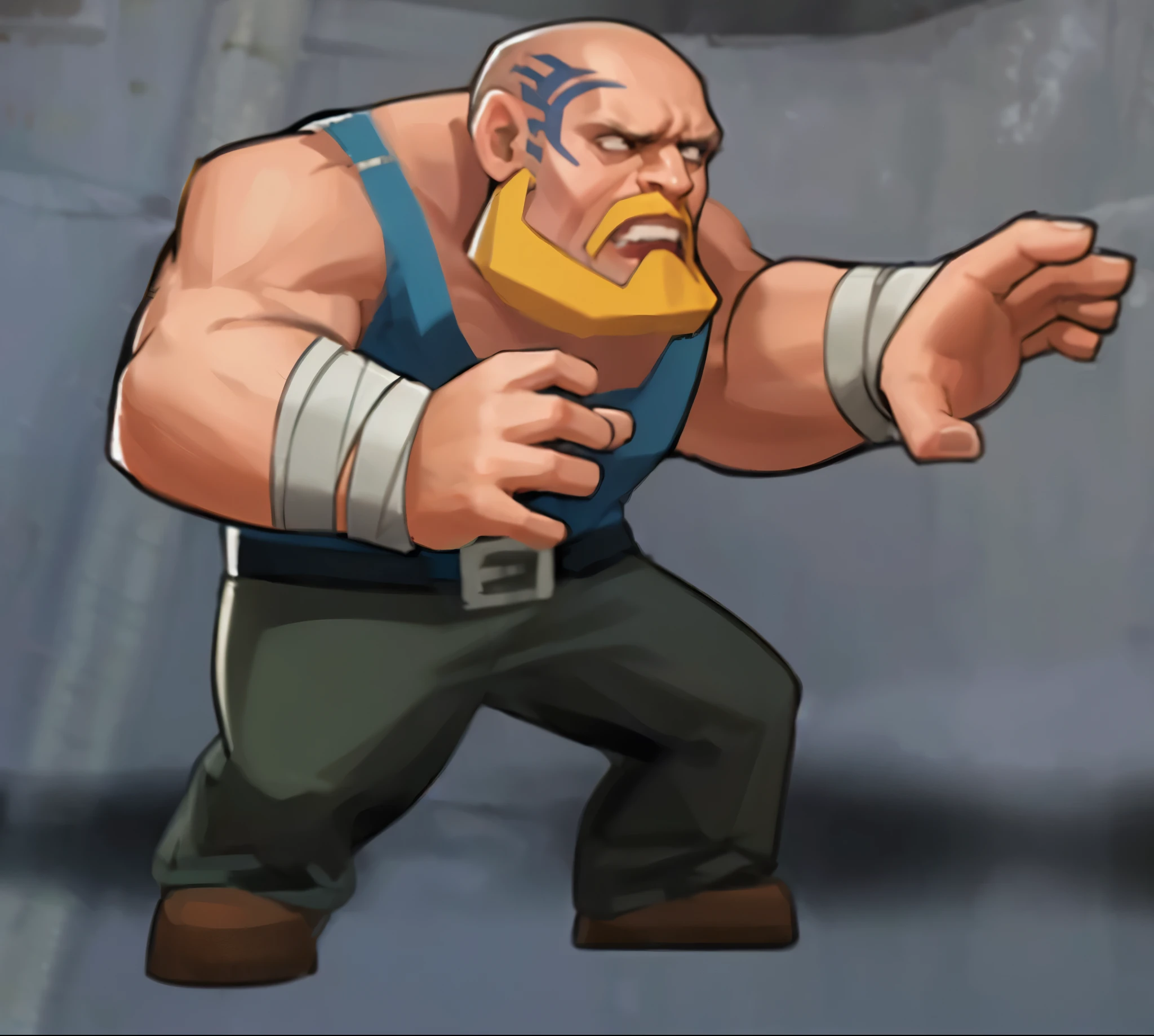 Male expression with fierce expression, hands wrapped in bandages, blue vest, dark green pants