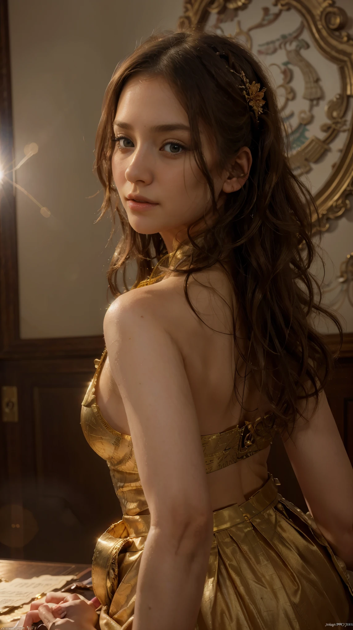 (RAW photo, best quality), (realistic, photo-realistic:1.3),best quality,highly detailed,masterpiece,ultra-detailed,illustration,1girl,upper_body,dynamic angle,world masterpiece theater,messy_long_hair,best quality,extremely detailed CG unity 8k wallpaper,ink,Amazing,cinematic lighting,lens_flare, dunhuang_style