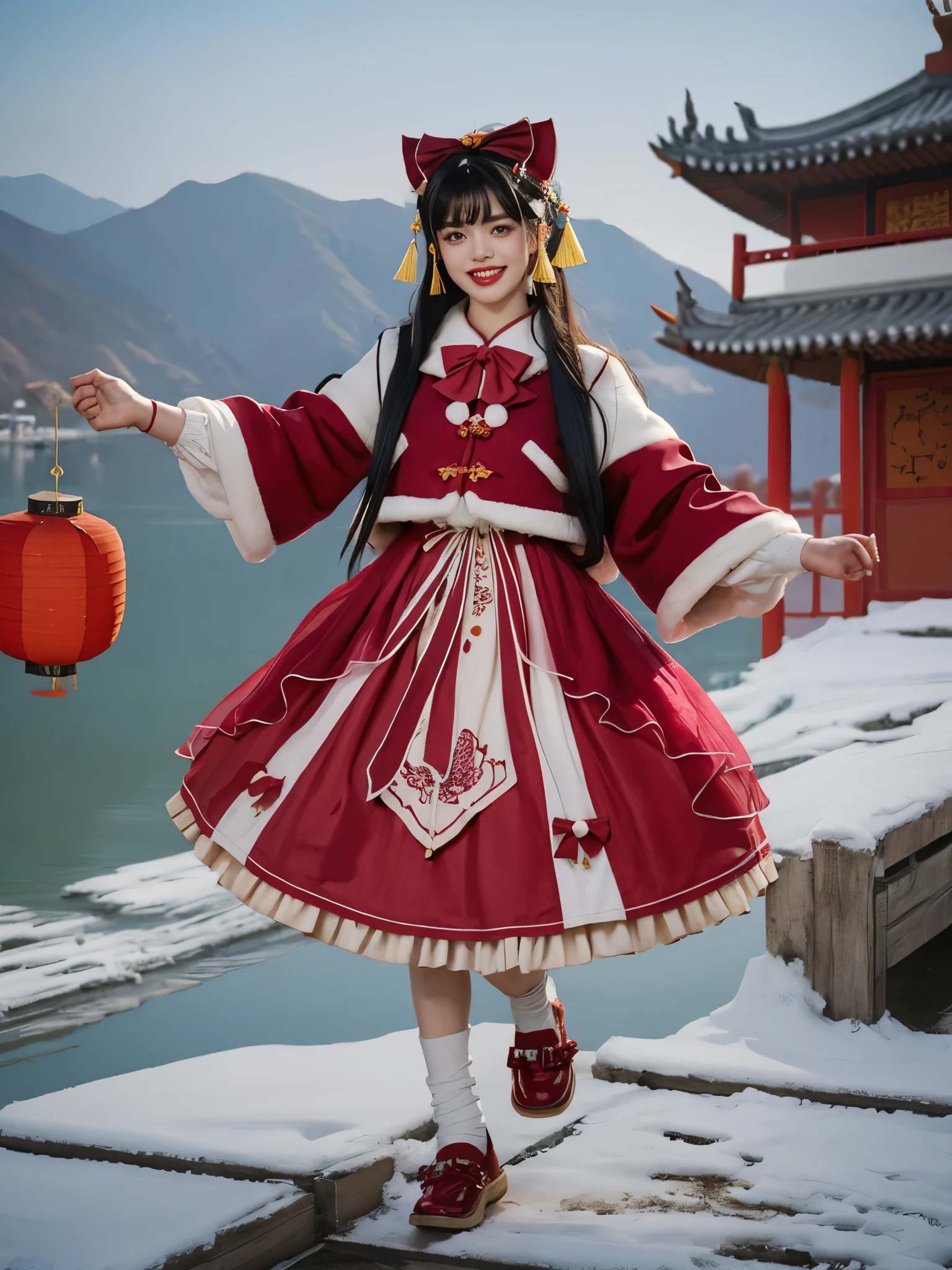 best quality, masterpiece, photorealistic, realistic, 1girl, solo, looking at viewer, grin, full body, long black hair, straight hair, bangs, blunt bangs, jumping, cyb dress, layered dress, long sleeves, hair bow, frilled dress, overcoat, bowtie, leg warmers, shoes, chinese lantern, spring festival, chinese garden, tree, flower, chinese new year, chinese building, people, 