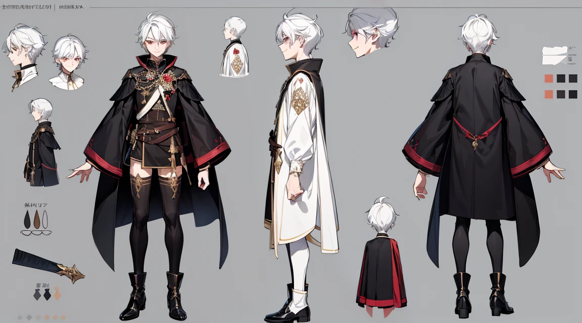 ((masterpiece)),(((best quality))),(character design sheet,same character,front,side,back), 1boy, solo, short white hair, red eyes, masterpiece, best quality, looking at around, full body, small, cute, 175cm tall, detailed, smiling, full black robe outfit with short shorts, holding black dagger as weapon, charturnbetalora, concept art, character concept art, character sketch, reference sheet, character sheet, (simple background, white background: 1.3)