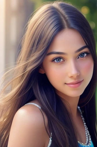 1girl in, 19, Solo, Long hair, brunette, looking at Viewer, photo Realistic looking happy, Bare shoulders, jewelry, sexy, Full body, (extremely detailed 8k wallpaper), soft lighting, high quality, film grain, Fujifilm XT3 sharp focus, f 5.6, High Detail, Sharp focus,(natural light), (closeup:1.2), (seductive), blue dress