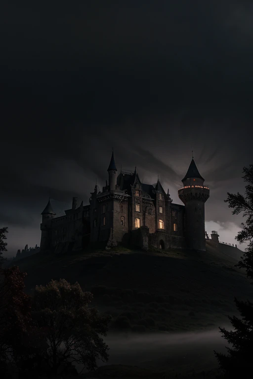 gloomy ancient castle surrounded by mist and darkness and dry trees on a dark gloomy night