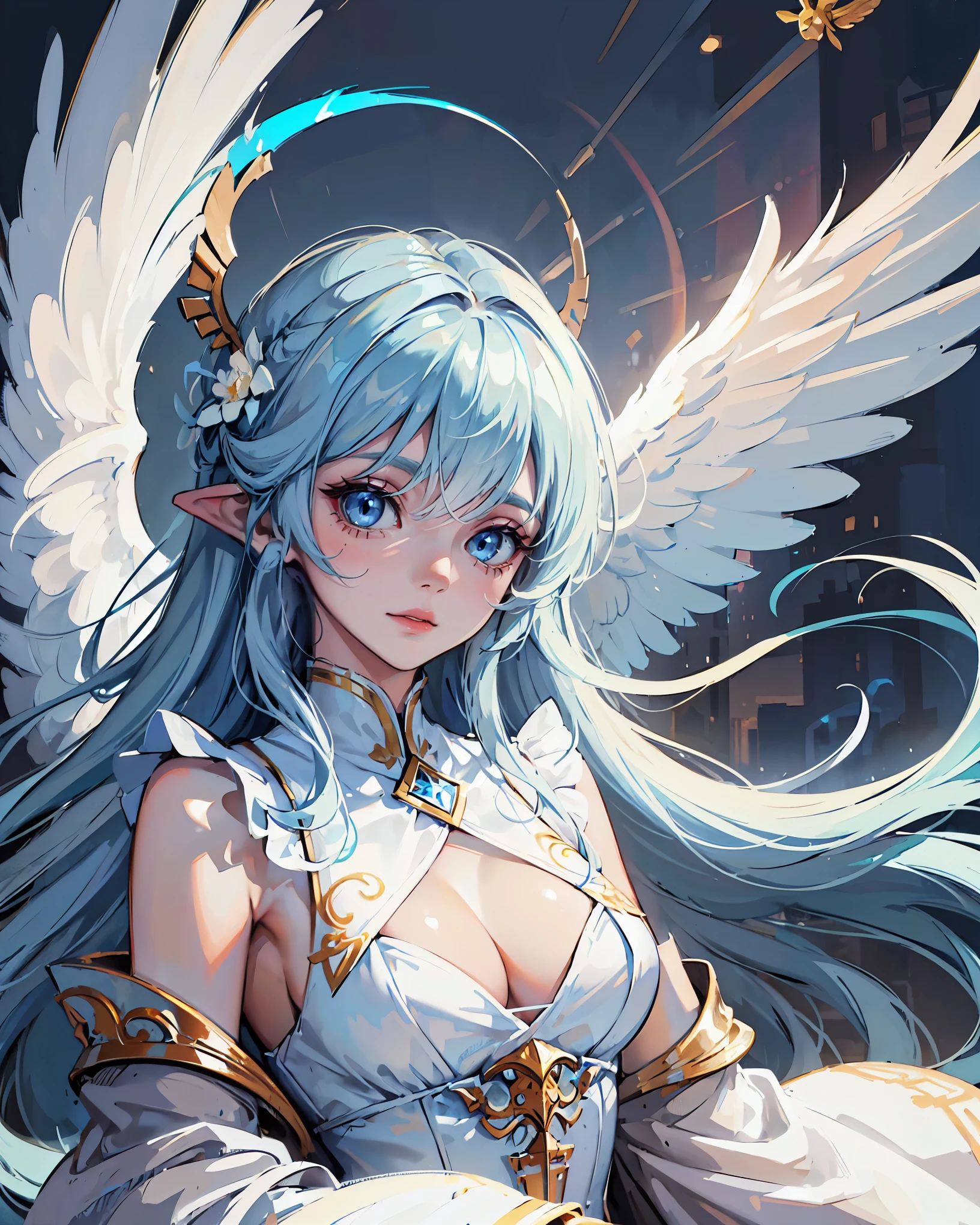 (masterpiece, best quality), solo, angel, long light blue hair, light blue eyes, wisdom, sexy white goddess dress, (wings), golden accessories, sky, clouds, sunrays, intricate details, upper-body