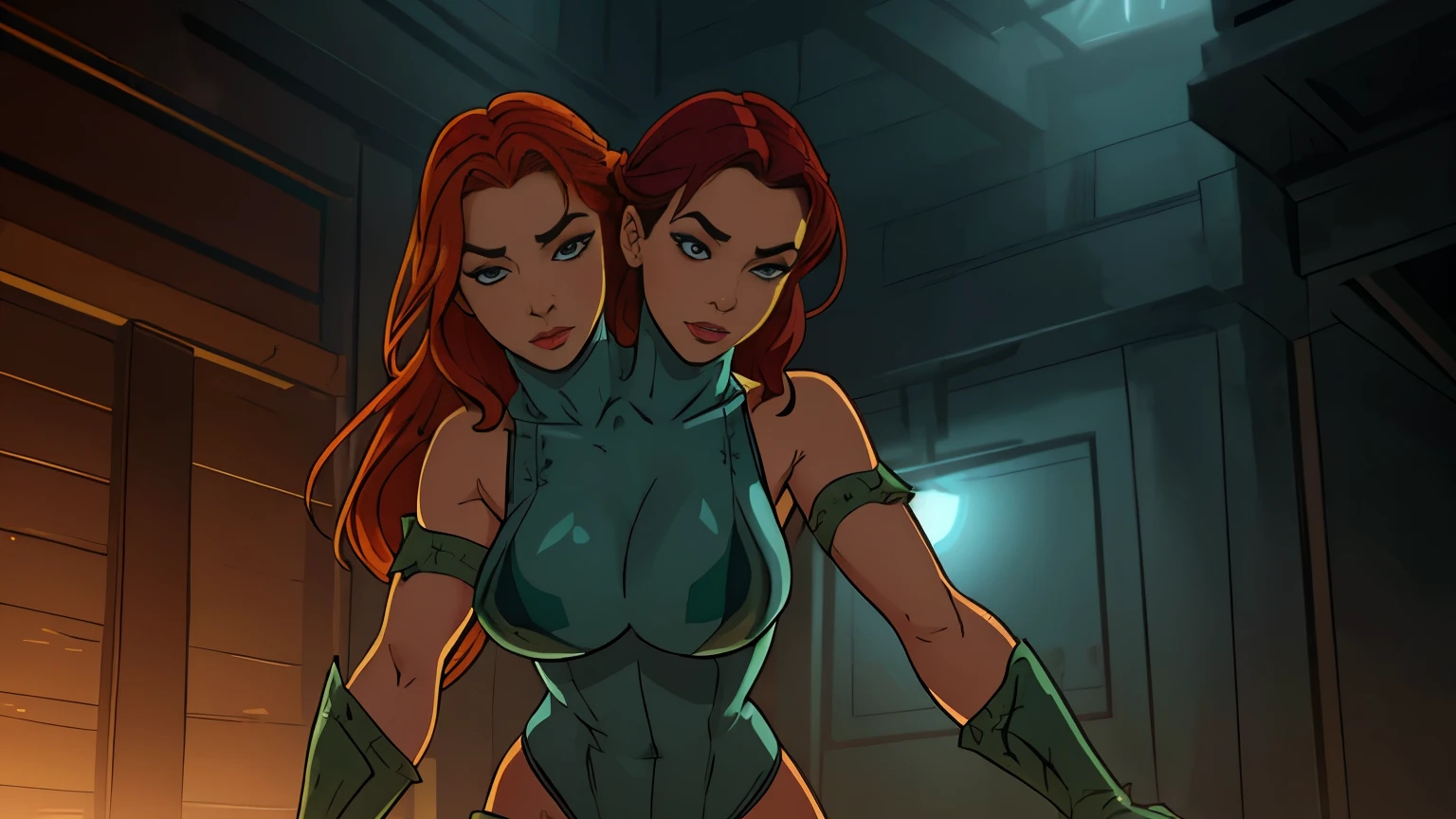 (((2heads))),1man, ((dressed like poison ivy from batman)),a man in the style of nocturne, black skin, pale skin, Dominican, facial hair, speedo, body hair, , ((big bulge)), thick lips, dreamy atmosphere, dark cyan and red, i can't believe how beautiful this is, serene atmosphere, piles/stacks, flickering light, epic realistic, in a dimly lit dungeon, shackles on ankles and arms, illustrated by herg, style of tin tin comics, pen and ink,art by greg rutkowski and artgerm, soft cinematic light,hdr, intricate, highly detailed, (depth of field:1.4), faded, (neutral colors:1.2), (hdr:1.4), (muted colors:1.2), hyperdetailed, (artstation:1.4), cinematic, warm lights, dramatic light, (intricate details:1.1), complex background, (rutkowski:0.66), (teal and orange:0.4), (intricate details:1.12), hdr, (intricate details, hyperdetailed:1.15) (wet skin texture:1.2), (old)