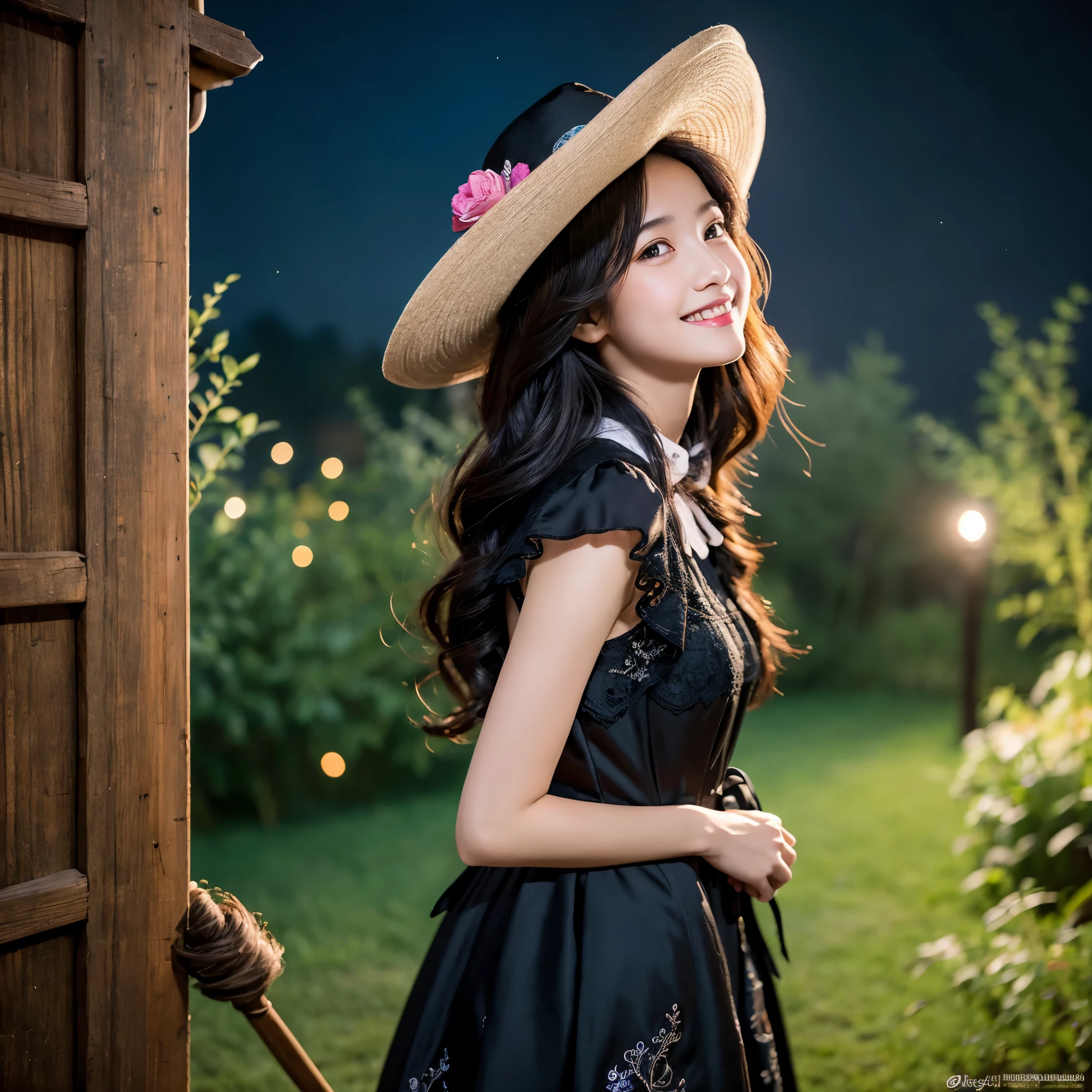 (best quality,4k,8k,highres,masterpiece:1.2),ultra-detailed,(realistic,photorealistic,photo-realistic:1.37),HDR,UHD,studio lighting,ultra-fine painting,sharp focus,physically-based rendering,extreme detail description,professional,vivid colors,bokeh,portraits, A teenage boy, with his dark eyes and messy black hair joins a witch coven, he finds himself in a magical transformation, turning into a cute witch girl. His eyes gleam with a vibrant shade of pink, captivating and bewitching. The transformation fills him with joy, as he embraces his new identity.Her long, flowing black hair cascades down her back, with each strand delicately detailed. The hair has a touch of magic, shimmering with a hint of color. The girl's face reflects her happiness, with a bright smile and rosy cheeks that bring out her youthful charm.Wearing a stunning black Victorian dress, adorned with intricate lace patterns and elegant ruffles, she exudes a sense of enchantment. The dress fits her perfectly, emphasizing her slender figure and accentuating her feminine features. The dark hue of the dress contrasts beautifully with her fair complexion.Completing her witch attire, she wears a pointy hat, adding a touch of whimsy to her appearance. The hat is adorned with embroidered designs and a delicate ribbon, enhancing its enchanting appeal.Sitting on a flying broom, the girl is in the midst of learning to fly. She looks determined, yet filled with a sense of wonder and excitement. Her hands grip the broom tightly, as she prepares to take off into the night sky. The broom itself is intricately detailed. In the background, a moonlit sky illuminates the scene, casting a soft glow on the girl and her surroundings. The stars twinkle, adding a touch of magic to the atmosphere. As she embarks on her journey, the night sky becomes a canvas for her dreams and aspirations.With the prompt filled with best quality and high-resolution details, the resulting image will be a masterpiece of breathtaking beauty.