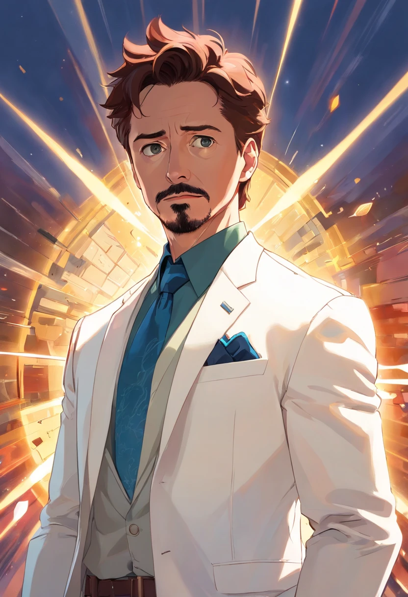 Tony Stark, three quarter turn, white jacket, sun glare, looking at the camera over your shoulder, tired look, frame shirt card