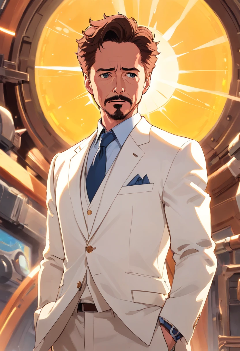 Tony Stark, three quarter turn, white jacket, sun glare, looking at the camera over your shoulder, tired look, frame shirt card