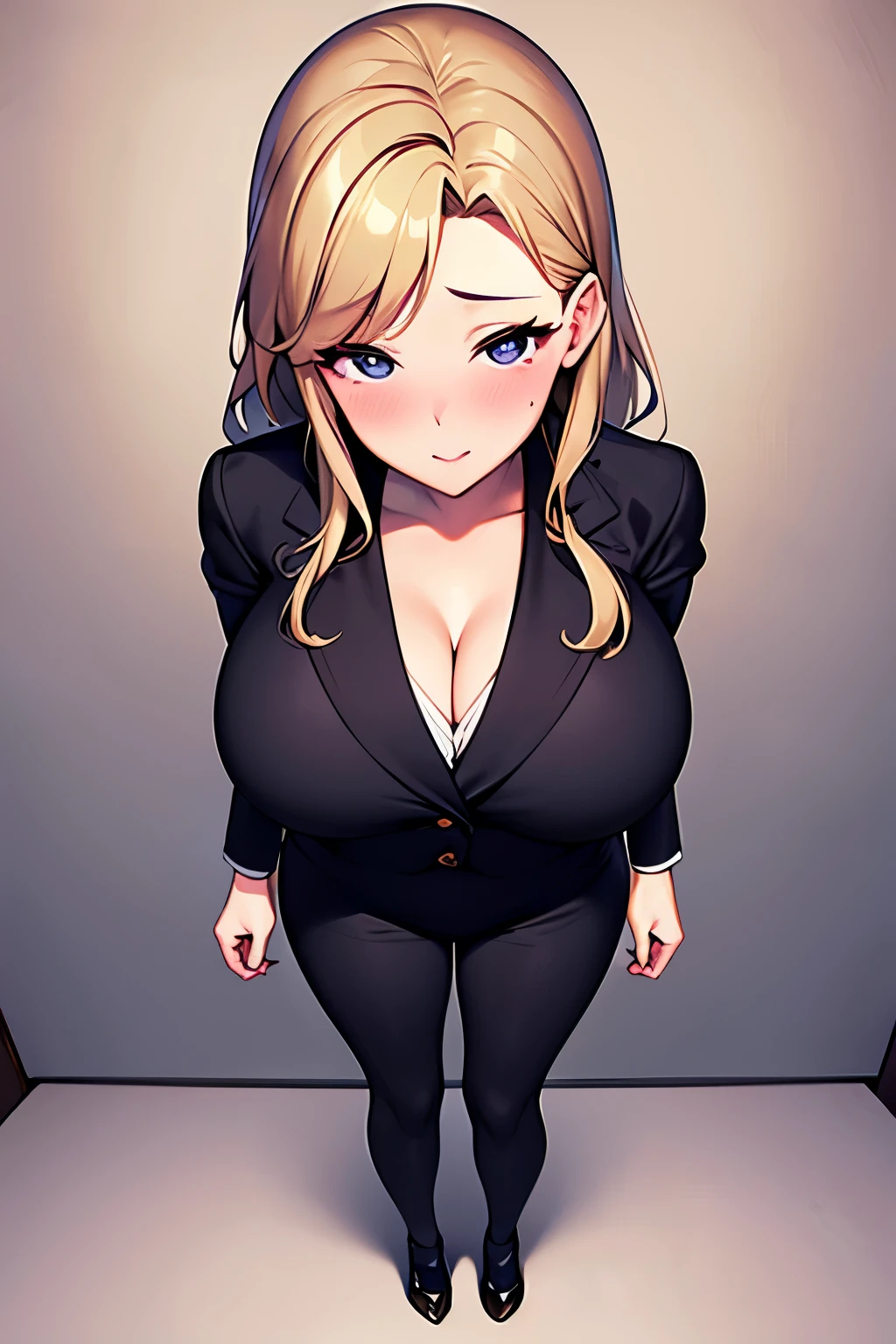 masterpiece, best quality, full_body, standing, look_at_viewer, blush, one woman, cute face, half Japanese, half American, blonde, married, big breast, big butt, 28 years old, office lady's black suit