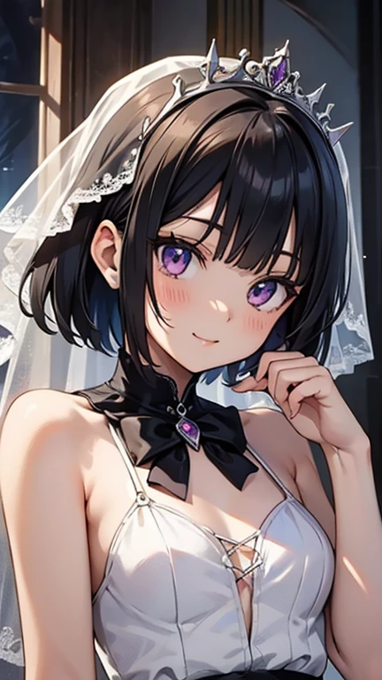 (masterpiece),(highest quality),(very detailed),(enlightenment),(ultra high resolution), black hair, Anime adult woman wearing a wedding dress, anime style, 2D rendering of an anime adult woman, realistic young anime adult woman, Smooth anime CG art, tiara, smile, purple eyes, small breasts, tall, Straight hair, short bob cut, slanted eyes, background is church, white Wedding veil, bouquet