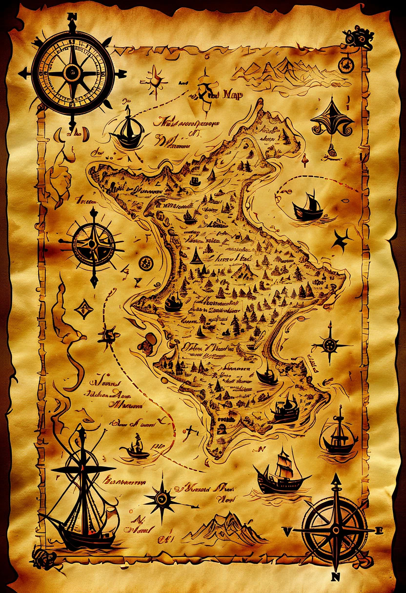 (奇怪的Treasure map:1.5)，Treasure map，Treasure map from Raiders of the Lost Ark，((map made of parchment:1.6))，(Treasure map)，Medieval map，unfinished edges，aged paper，Frayed edges，stained and torn paper，hole in paper、brown、sepia tone、Nautical symbols、intricate details、Cartographic、Detailed parchment map、Complex lines，best quality，8k，high resolution，masterpiece，Super detailed，UHD，studio lighting，Super fine，sharp focus，Physically based rendering，Extreme detailed description，major，bright colors，Bokeh，
