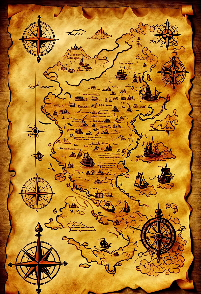 (奇怪的Treasure map:1.5)，Treasure map，Treasure map from Raiders of the Lost Ark，((map made of parchment:1.6))，(Treasure map)，Medieval map，unfinished edges，aged paper，Frayed edges，stained and torn paper，hole in paper、brown、sepia tone、Nautical symbols、intricate details、Cartographic、Detailed parchment map、Complex lines，best quality，8k，high resolution，masterpiece，Super detailed，UHD，studio lighting，Super fine，sharp focus，Physically based rendering，Extreme detailed description，major，bright colors，Bokeh，