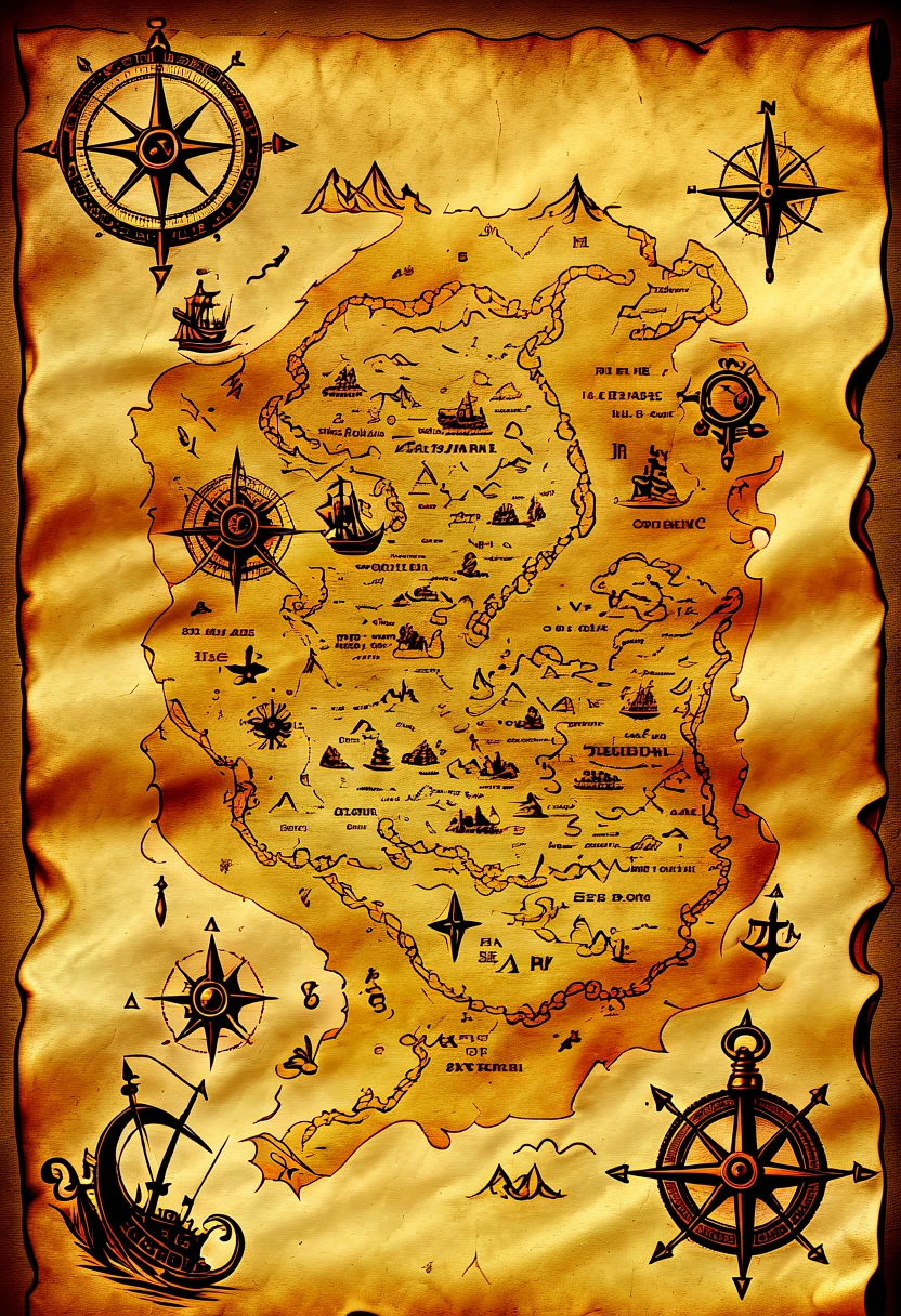 (奇怪的Treasure map:1.5)，Treasure map，Treasure map from Raiders of the Lost Ark，((map made of parchment:1.6))，(Treasure map)，Medieval map，unfinished edges，aged paper，Frayed edges，stained and torn paper，hole in paper、brown、sepia tone、Nautical symbols、intricate details、Cartographic、Detailed parchment map、Complex lines，best quality，8k，high resolution，masterpiece，Super detailed，UHD，studio lighting，Super fine，sharp focus，Physically based rendering，Extreme detailed description，major，bright colors，Bokeh，