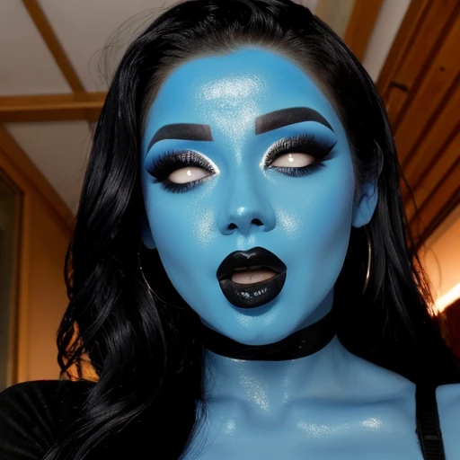 Blue face makeup,(masterpiece) ,black lipstick,white eye shadow,  