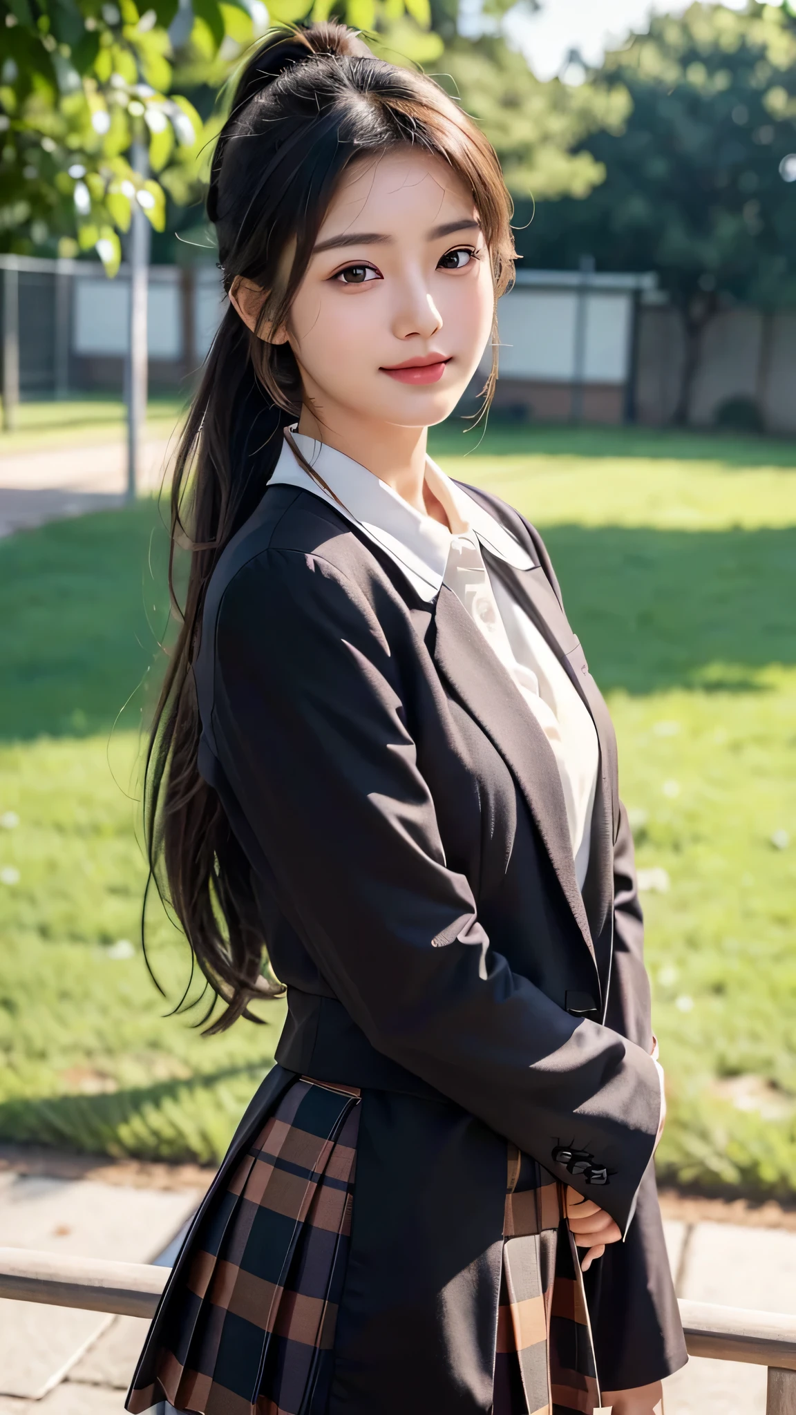 Uniforms for Japanese High School Students,brown blazer,brown ribbon on chest,fully body photo,masutepiece, The highest image quality, High quality, the background is clear,Beautiful woman, Japanese, Detailed, Detailed eyes, Detailed skin, Beautiful skin, 超hight resolution, (reality: 1.4),Very beautiful woman, Slightly younger face, Beautiful skin, slender, (Ultra photo realsisim), (hight resolution), (8K), (Very detailed) (beautifully detailed eyes), (super detailed), (Detailed face), view the viewer, Fine details, Detailed face, Smiling, Staring straight ahead, Staring straight ahead, photos realistic, Bright lighting, Professional Lighting, Black hair, ,poneyTail,a baby face,sixteen years old,髪型はponeyTail,wear a ribbon,ロングのponeyTailの髪型,Angle from waist up,standing and posing,brown plaid skirt,brown blazer,brown ribbon on chest,outdoors,