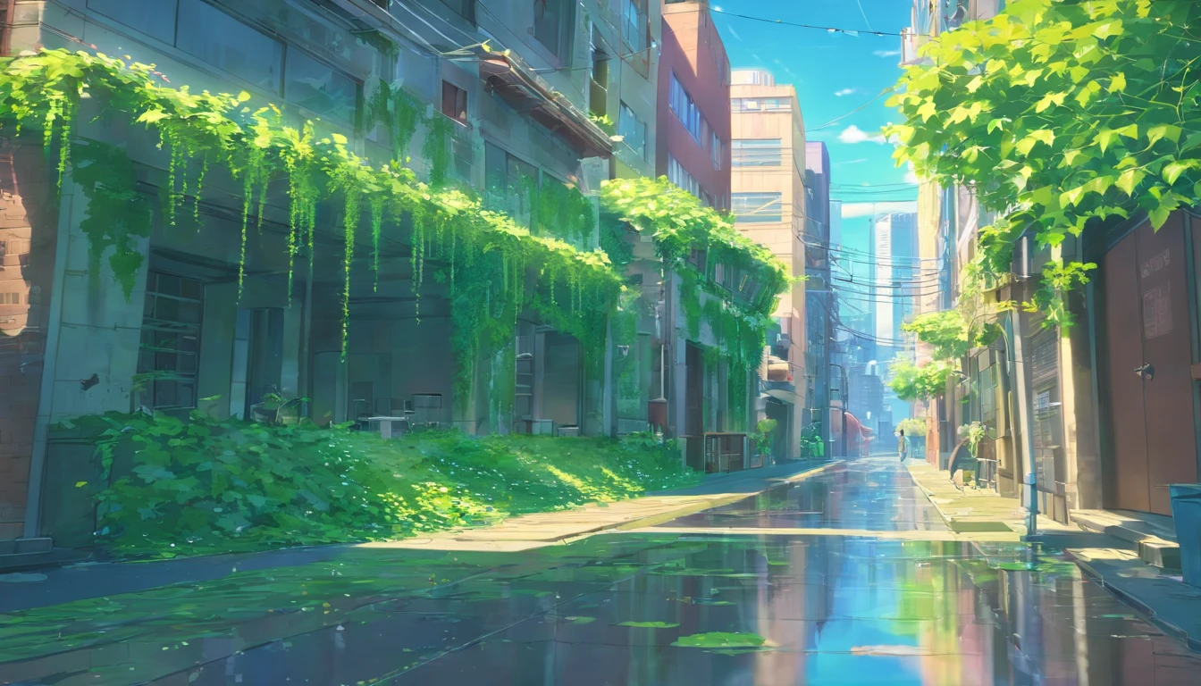 masterpiece, better quality, plant,A building wrapped in ivy,ruins,puddle,scenery,Tokyo cityscape