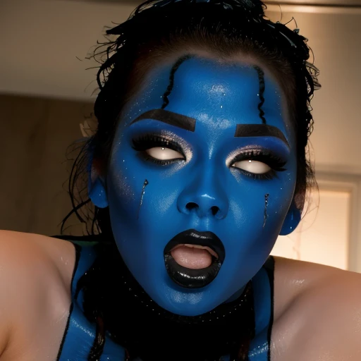 Women,blue face makeup, mouth open ,black lips, sucking cock, sexy ,(masterpiece)