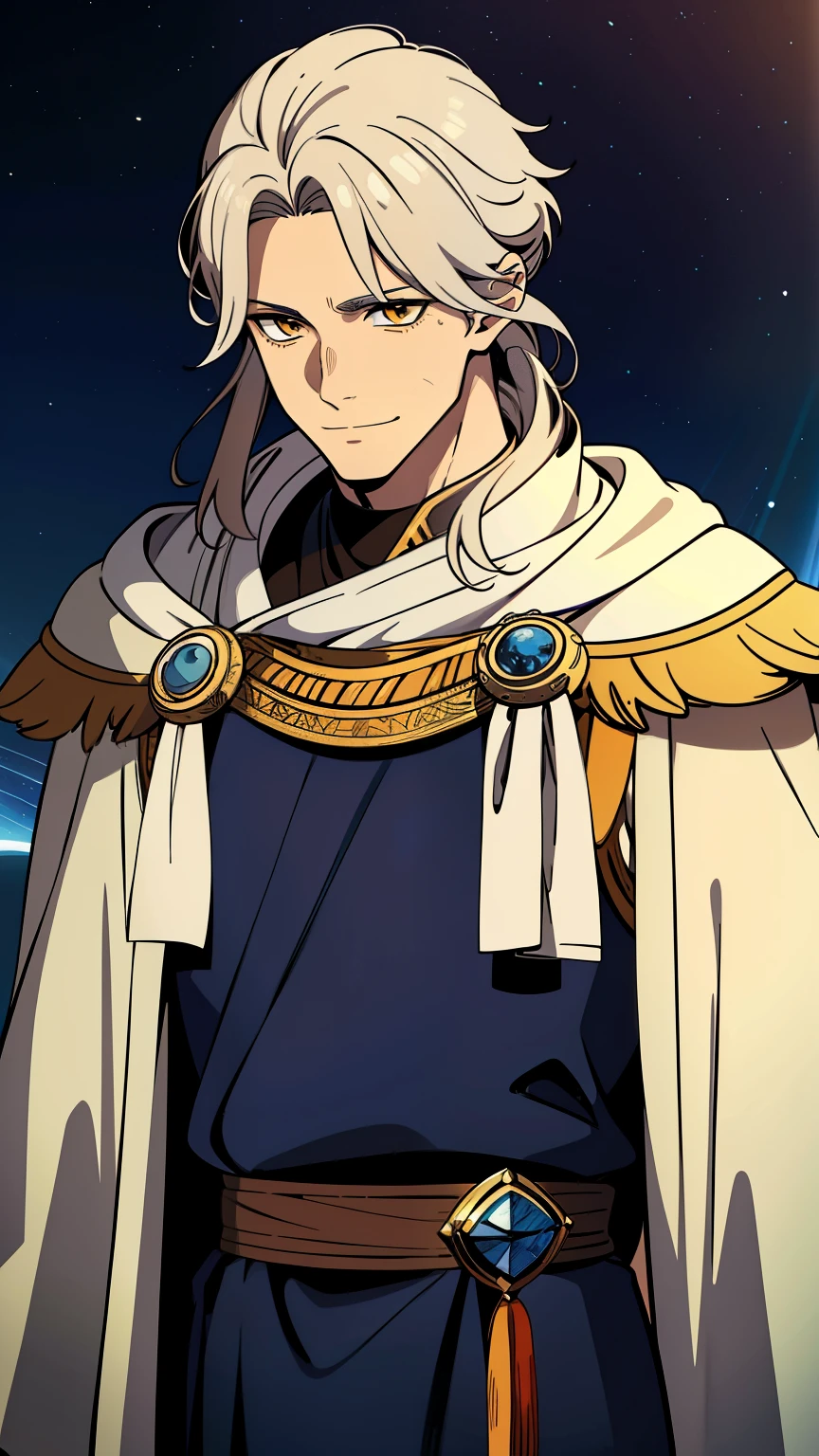 (high-quality, breathtaking),(expressive eyes, perfect face) 1male, male, solo, adult, medium length hair, pale rustic brown hair color, multicolored hair, silver hair streaks, glowing hair, white strands in hair, unkept hair, orange yellow eyes, positive expression, soft smile, cloak, shirt, fantasy mage clothing, adventurers attire, Ares, Moon Aoede, space background, portrait, upper body, magic, elegant, stylized hairstyle, light moustache, dad vibe, age 30's, Greek Clothing