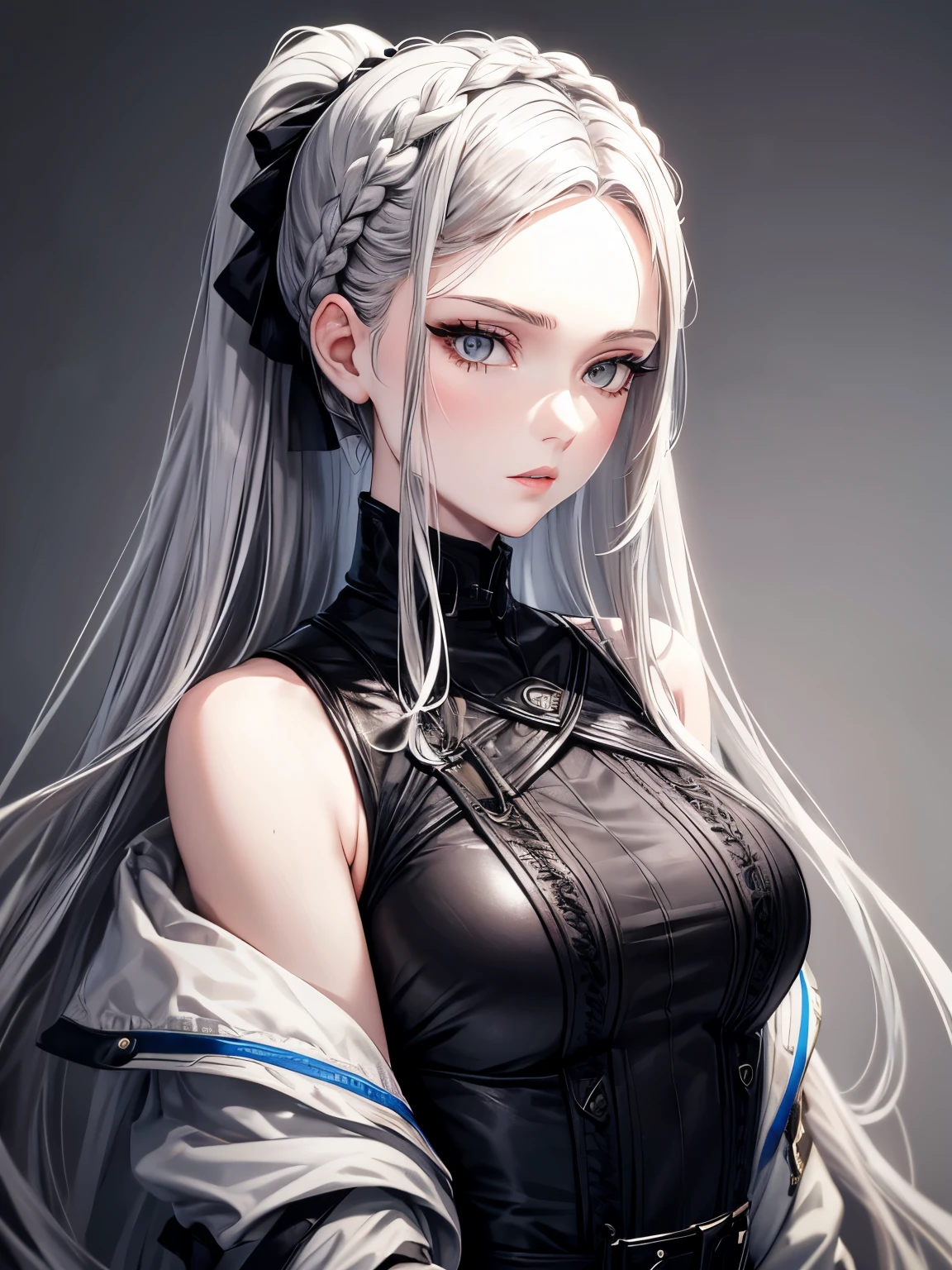 Cassandra is a tall young woman in her 20s with pale skin., gray eyes and white wavy hair, braided into a high ponytail with many small braids. Two strands of hair and asymmetrical bangs go down the sides of the face. Prefers clothes in black and gray colors with lots of silver accents