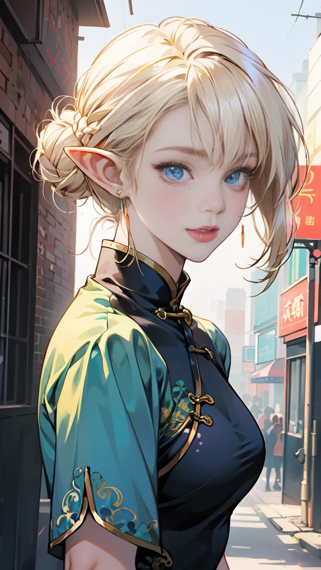 (1 elf girl), (beauty elf girl), (super high quality), masterpiece, casual scene, relaxed atmosphere, ((China dress)), sun&#39;S line gives off warm colors, Street atmosphere, Chinese Restaurant, perfect body, (G cup:1.2), light smile, Fresh, (asymmetrical bangs:1.3), braid bun hair, short hair, highly detailed face and eyes, beautiful eyes,closed mouth, perfect lips, (white blonde hair, deep blue eyes:1.2),cyber punk, SF, digital art, beautiful, cinematic lighting, by Yusuke Murata.