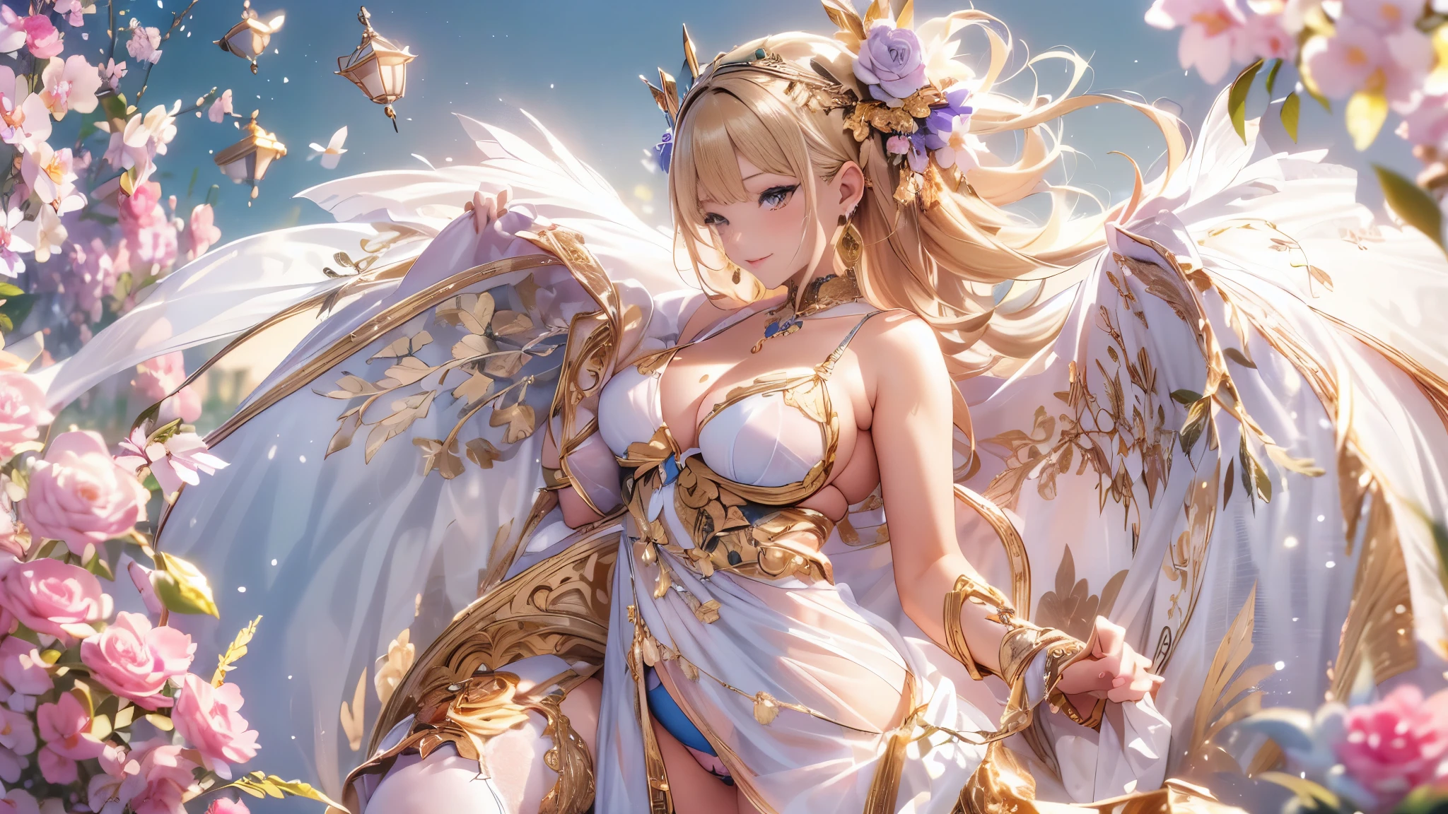 beautiful美しさ, 3D two-dimensional, rich, blonde, skirt, stockings, high heels, poison、star、star、(Highly detailed CG Unity 8K wallpaper),(masterpiece), (最high quality), (Super detailed), (best illustrations),(best shadow), (sharp eyeliner, eye shadow, fine eye:1.1), (超High resolution,realistic,最high quality,realistic),(8K,RAW photo,最high quality,マstarプル),mature woman、sensual curves、huge breasts、thighs、bubble、お尻のmasterpiece, 最high quality, Super detailed, full body shot, mature woman, beautiful mature woman, nightgown and underwear, enchanting smile, thick lips, Chubby lips, blush, looking at the viewer, provocative expression, beautiful髪型, cleavage, Plump、curvy hips、attractive face、sexy lingerie、an inviting gaze、Expression of emotions、Lewd underwear、(((erotic see-through lingerie set)))、Standing position、gorgeous accessories 、big breastsの女性, bare shoulders, golden hair, colored feather, metal ornaments, colored flowers, particle, light, (masterpiece, 最high quality, 最high quality, official art, beautiful and aesthetic:1.2), (1 girl:1.3), very detailed,(fractal art:1.1),(colorful:1.1)、(flowers:1.3),most detailed,(zentangle:1.2), (dynamic pose), (abstract background:1.3), (shiny skin), (lots of colors :1.4), ,(earrings:1.4), (feather:1.4),masterpiece, 最high quality, Super detailed, 30~40 years, full body shot, beautiful 、various hairstyles，gold headband，plump breasts，beautiful butt，greek clothing，Tulle covers the breasts，perfectly proportioned, detailed clothing details,marble，god statue，cinematic lighting, film grain, Fuji color, 8K, masterpiece, Super detailed, high detail, high quality, High resolution,(((NSFW:1.2)))、exposed chest、Openwork decoration，(((see through dress)))、(((解剖学的に正しいbody))) , 最high quality, Super detailed, (((Lewd underwear)))、raise your butt, from below, (((R-18)))、Hakari、thighs, big breasts, Are standing, cowboy shot, blush, (((1 girl))), (masterpiece:1.3), (High resolution), (8K), (very detailed), perfect face, Nice eye and face, (((最high quality))), (Super detailed), detailed face and eye, (alone), High resolution、beautifuleye,(((sexy pose)))、(((整ったbig breasts)))、((beautiful eye))、luxury、(((超High resolution)))、(((detailed description)))、(((ぽっちゃりbody型)))、(((解剖学的構造に一致したbodyの部位)))、beautiful長いまつ毛、バランスのとれたbody型、２Book Arm、2 legs、Just the right size for your legs and arms、Fishnet tights、glamorous、(((Clear white and black eye)))、lipstick、Sparkling、(Undistorted face, eye, body)、jewelry、gem、(長くカールしたbeautifulまつ毛)、(((バランス良いbeautiful胸)))、(Transparent, exquisite skin:1.2)、