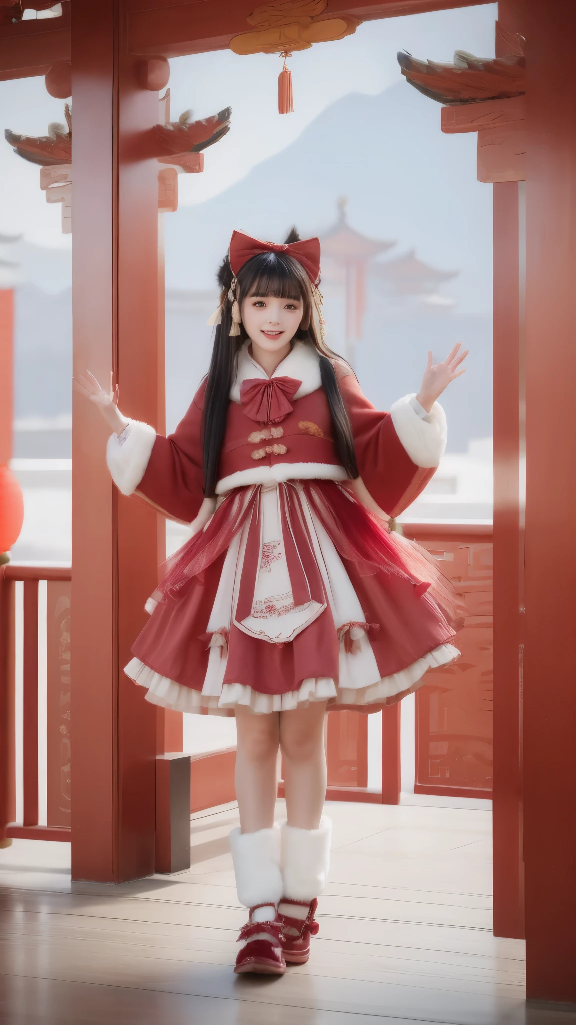 best quality, masterpiece, photorealistic, realistic, 1girl, solo, looking at viewer, grin, full body, long black hair, straight hair, bangs, blunt bangs, jumping, cyb dress, layered dress, long sleeves, hair bow, frilled dress, overcoat, bowtie, leg warmers, shoes, chinese lantern, spring festival, chinese garden, tree, flower, chinese new year, chinese building, people,