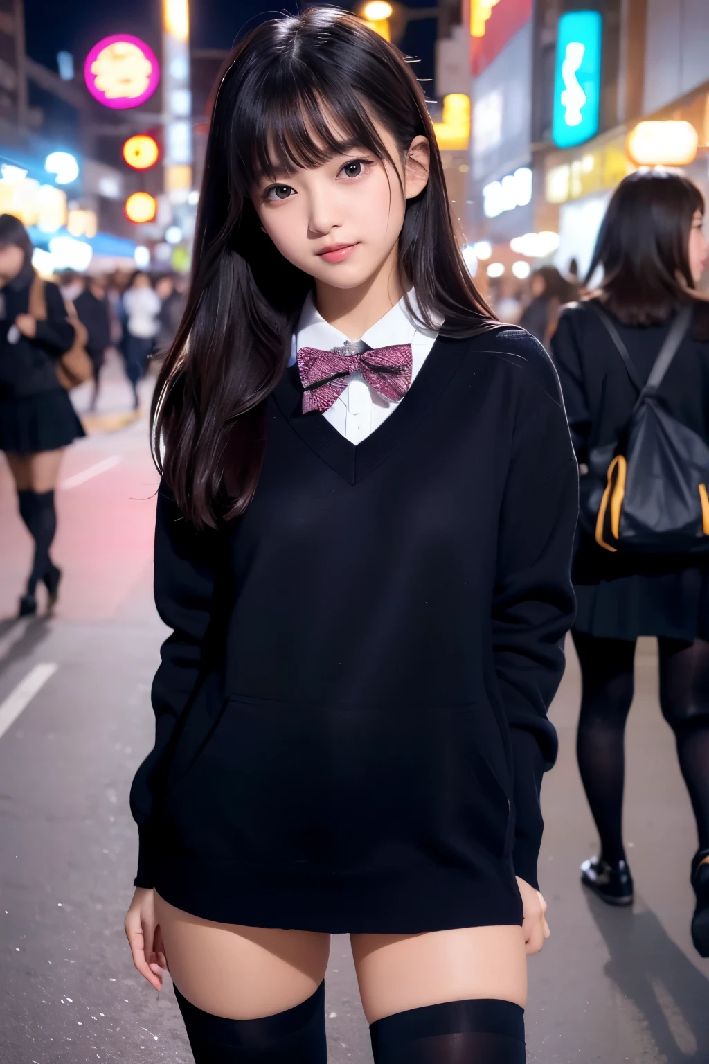 low angle shot、street snap、tall, A -face woman wearing a short skirt and bow tie is standing in a neon street at night.、(girl)、amazingly cute 、日本のgirl、Winter clothes、Wearing Japanese school uniform、Japanese school black uniform、Wearing a surreal high school uniform、制服を着たgirl、Wearing a dark blue uniform、 Pause、Full body Esbian、nice skin、glowing skin、nice thighs、long legs、wide thighs、(micro hining thighs、Plump thighs、(opaque black knee high socks)、(I always wear knee socks that go above my knees..)、I'm wearing leather shoes、Japanese high school 、Nogizaka Idol、korean idol、please invite me inside、inviting eyes