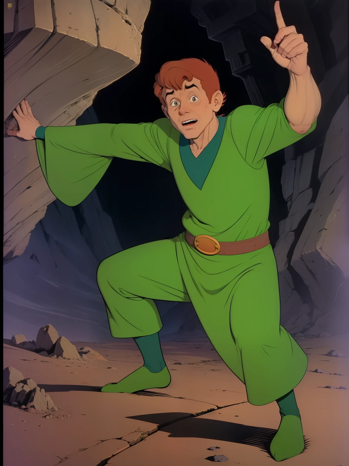 a redhead cartoon character dressed in a green leotard, very muscular, a young male wizard, 1980s cartoon, animated episode still, Presto (((mad))), ((He wears a wizard hat))