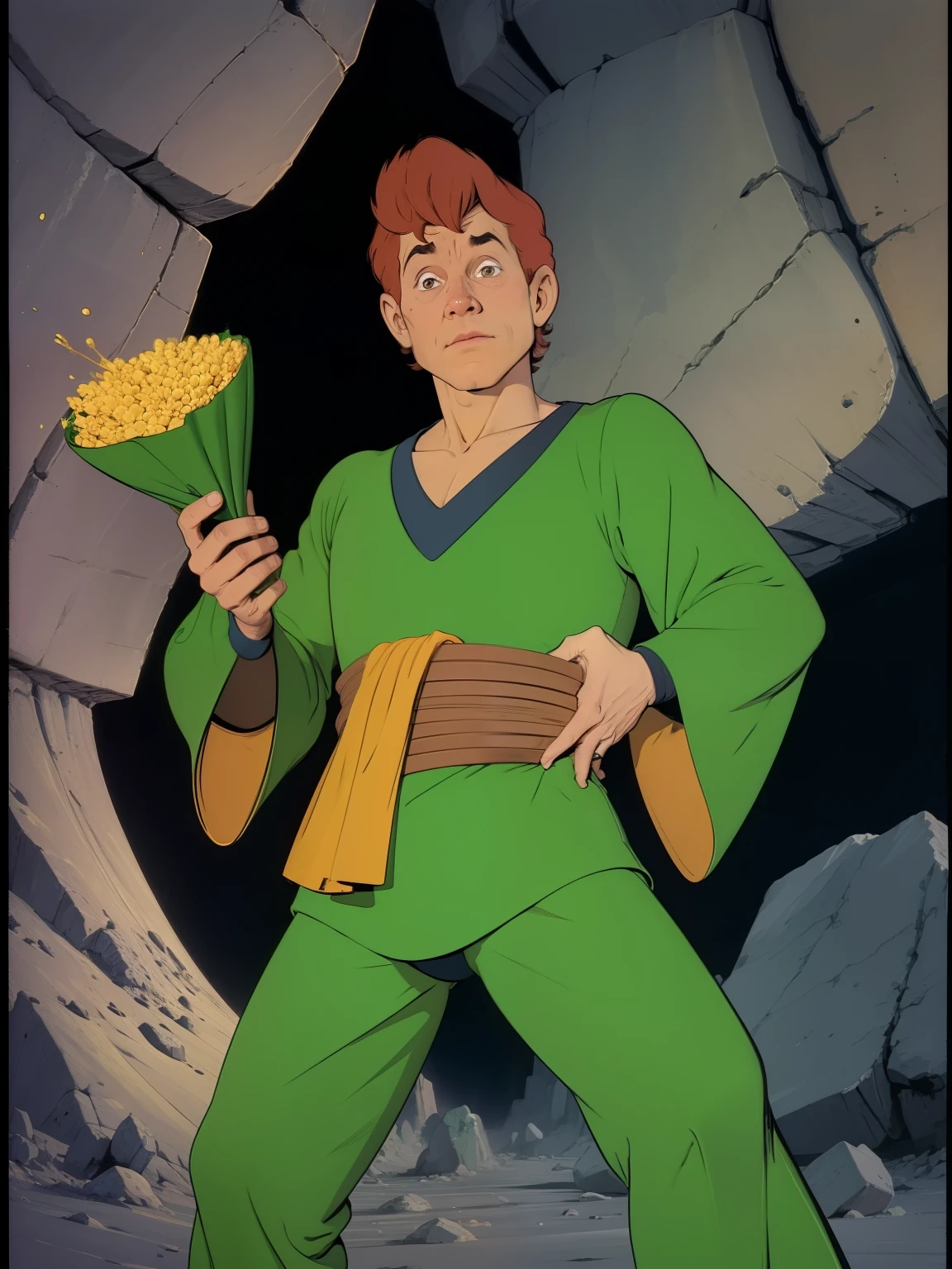 (((COMIC STYLE, CARTOON ART))). A comic-style image of Presto, with him as the central figure. He is standing, his hands holding a wizard's hat. He wears a green suit. He has brown hair, brown eyes. He is surrounded by a dark cave, with rocks, crystals and dust. He has an insecure and shy expression, as if he is about to perform a magic trick.. D&D style .