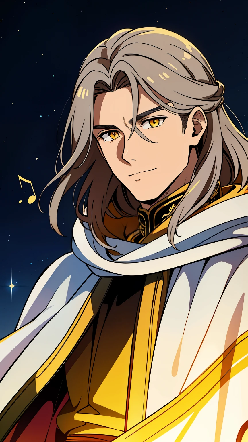 (high-quality, breathtaking),(expressive eyes, perfect face) 1male, male, solo, adult, medium length hair, brown hair color, multicolored hair, silver hair streaks, glowing hair, white strands in hair, unkept hair, orange yellow eyes, positive expression, soft smile, cloak, shirt, fantasy mage clothing, adventurers attire, Ares, Moon Aoede, space background, portrait, upper body, magic, elegant, stylized hairstyle, dad vibe, age 30's, Greek Clothing, music notes background
