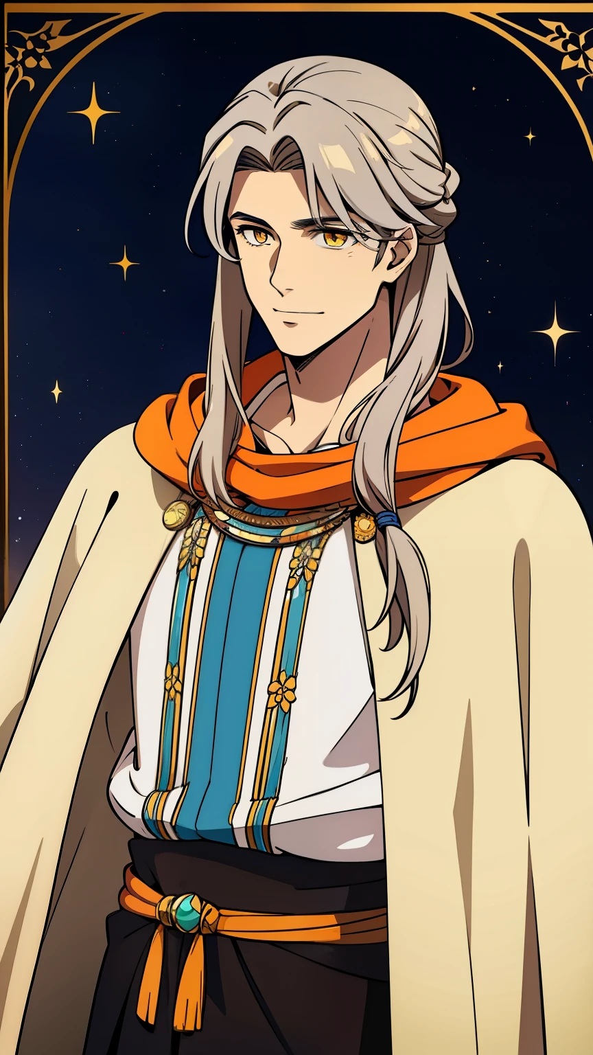 (high-quality, breathtaking),(expressive eyes, perfect face) 1male, male, solo, adult, medium length hair, brown hair color, multicolored hair, silver hair streaks, glowing hair, white strands in hair, unkept hair, orange yellow eyes, positive expression, soft smile, cloak, shirt, fantasy mage clothing, adventurers attire, Ares, Moon Aoede, space background, portrait, upper body, magic, elegant, stylized hairstyle, dad vibe, age 30's, Greek Clothing, music notes background
