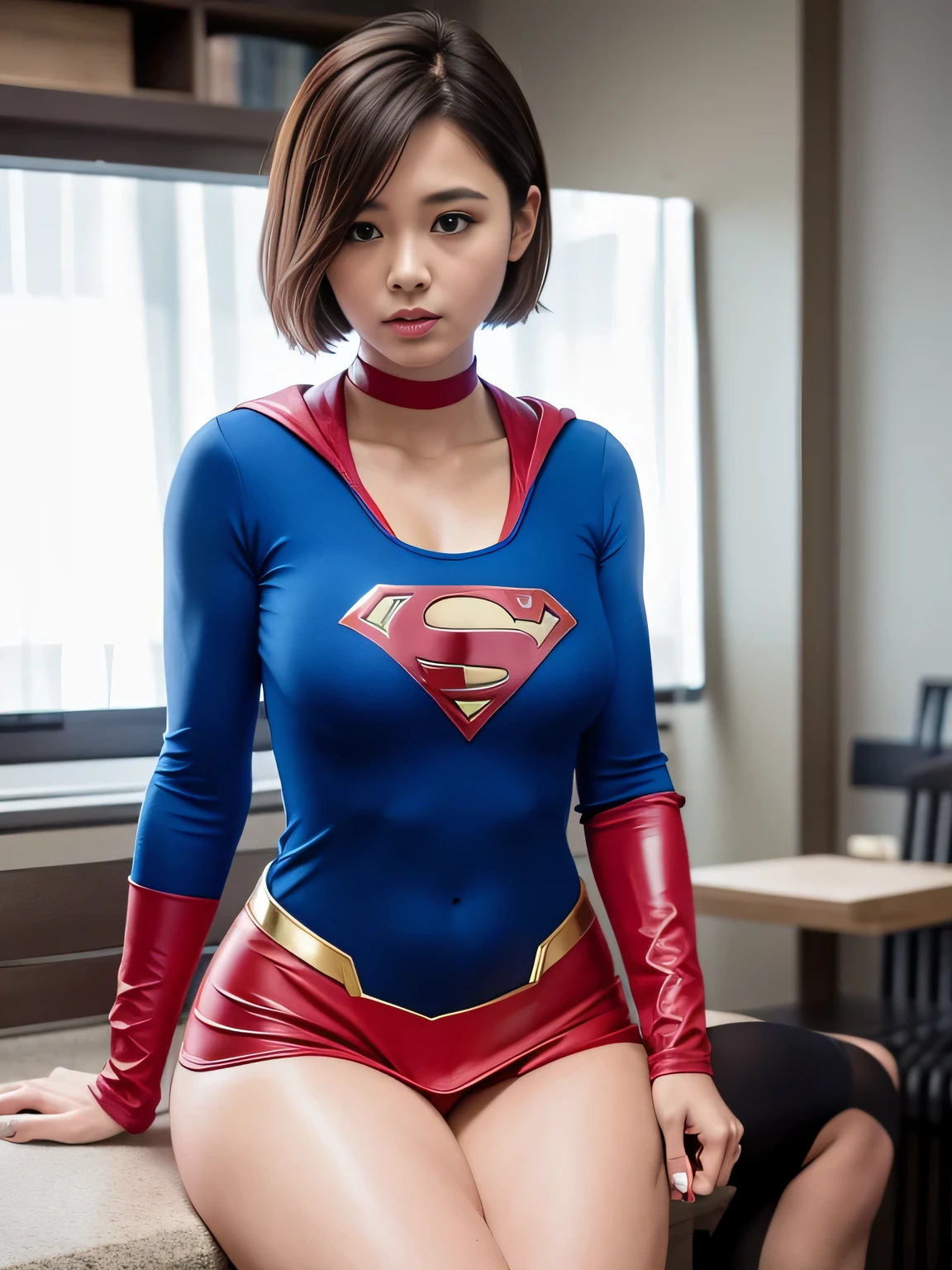 highest quality、masterpiece,Short-haired Supergirl sleeping in the operating room、plump breasts、look at the camera、choker、barefoot、magazine cover、High leg、red mini skirt、Tight costumes、Puzzled、wide open legs、obscene、Show me a glimpse、Fluttering cloak、long sleeve